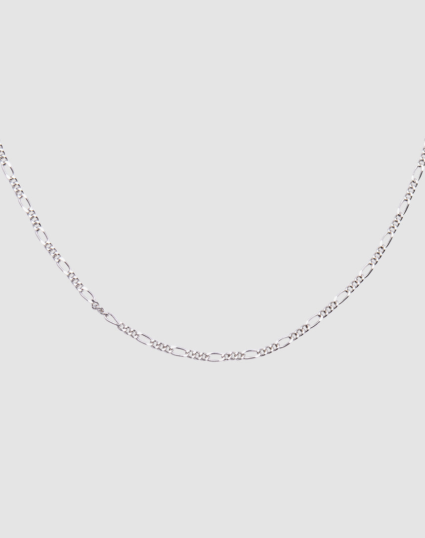 The LIVE FAST DIE YOUNG Basic Figaro Chain is a 925 Sterling Silver necklace featuring alternating elongated oval and small round links, shown against a plain light gray background.
