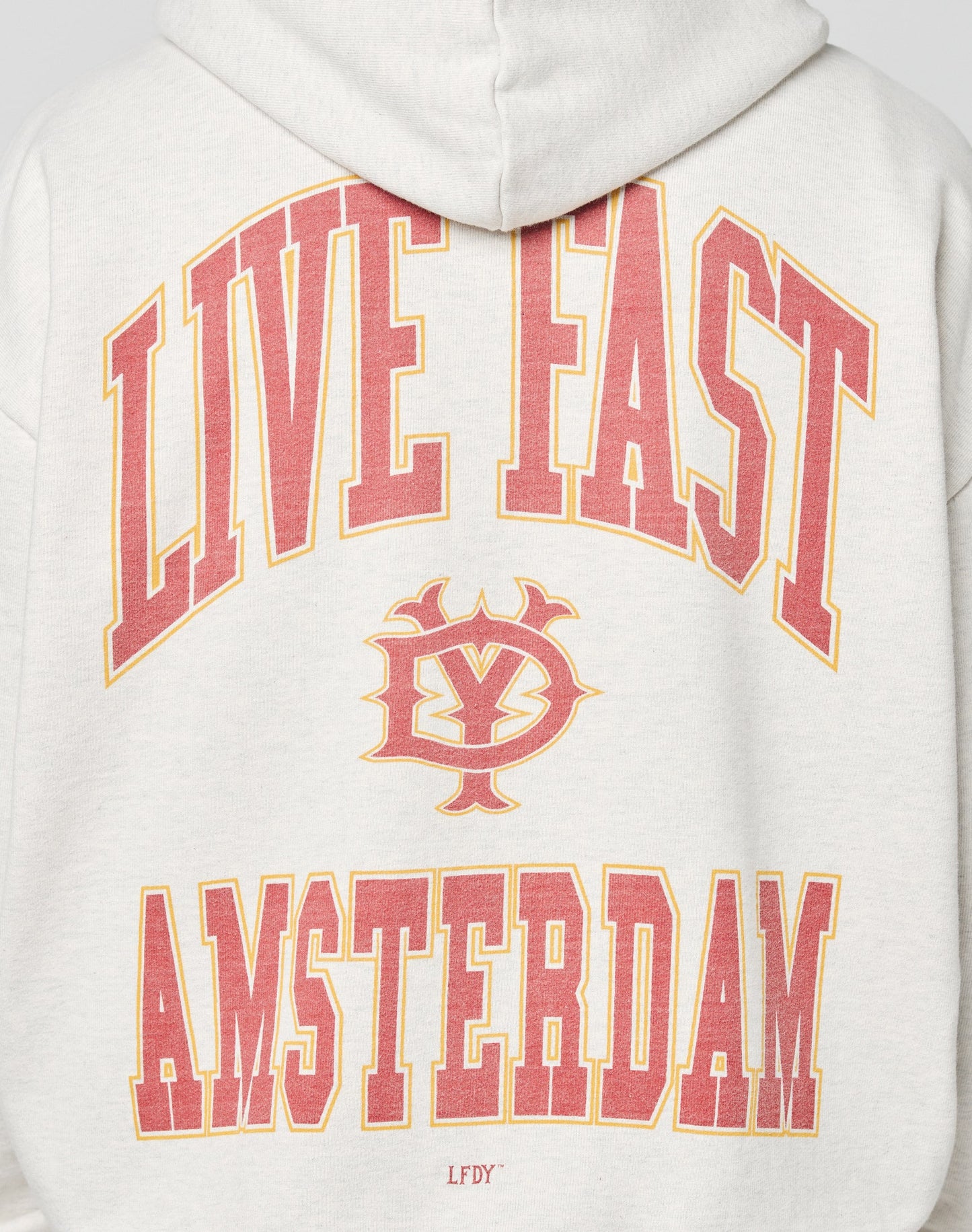 The LIVE FAST DIE YOUNG Live Fast Amsterdam Hooded is a light gray, 100% Baumwolle oversize hoodie with bold red-yellow “LIVE FAST” text on the back, a central emblem, “AMSTERDAM” at the bottom, and Front- und Backprint.