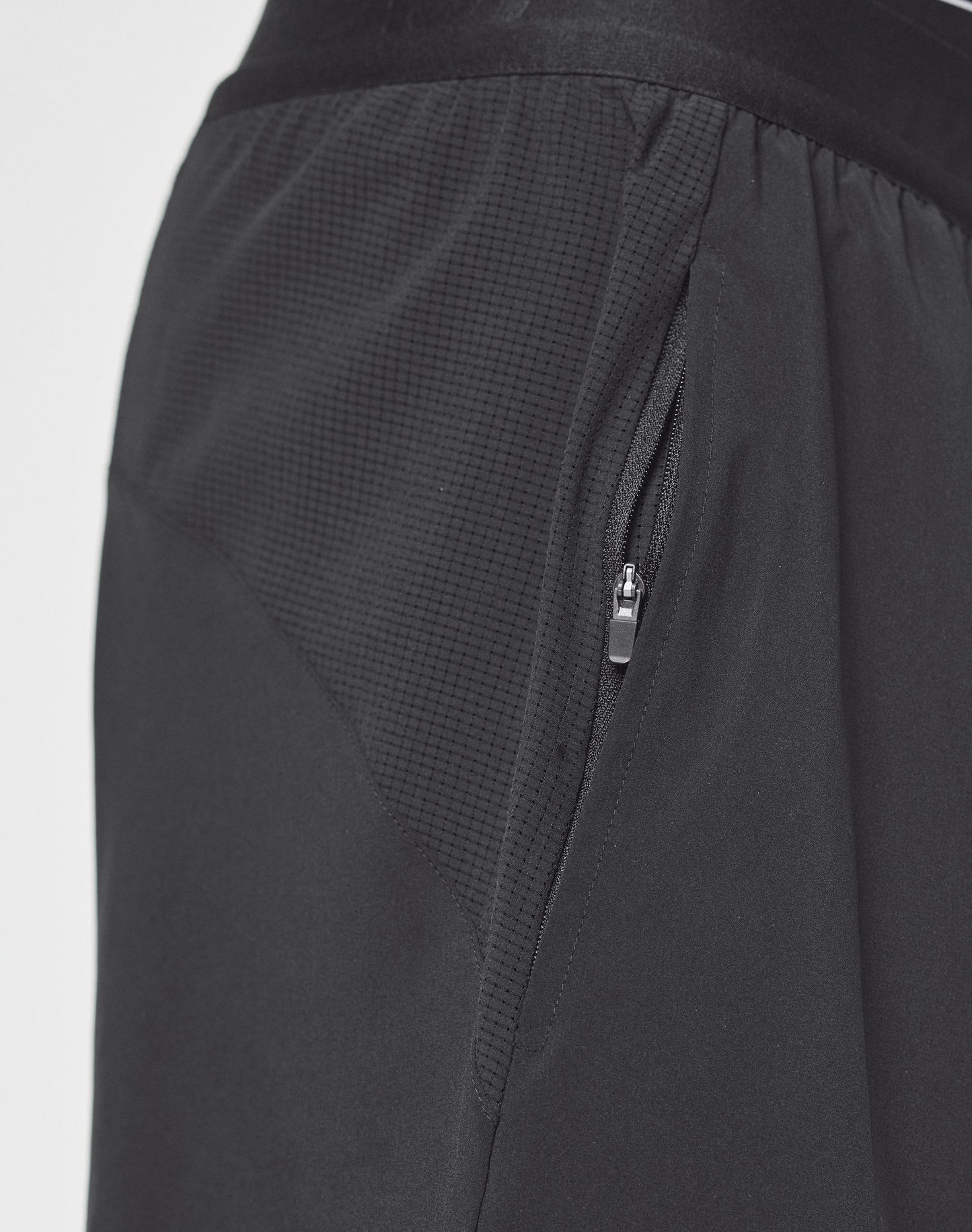 Close-up of Live Fast Performance Running Shorts by LIVE FAST DIE YOUNG, featuring a textured mesh panel, branded detailing, and a zippered side pocket with a small zipper pull.