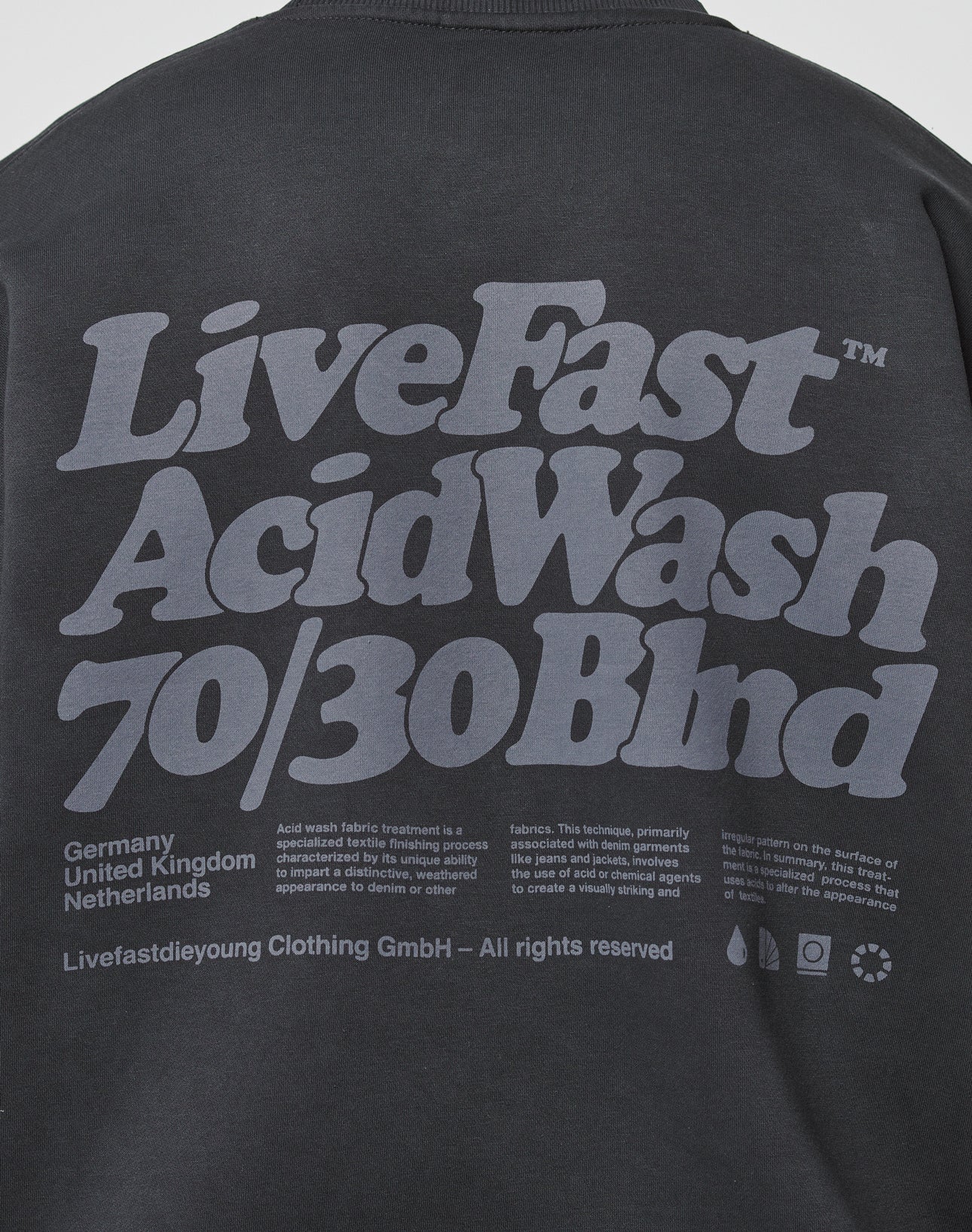 The Basic Acid Sweater by LIVE FAST DIE YOUNG is a black, oversized fit featuring large gray LiveFast text, details about Germany, UK, Netherlands, and crafted from cotton-polyester in a bold vintage wash.