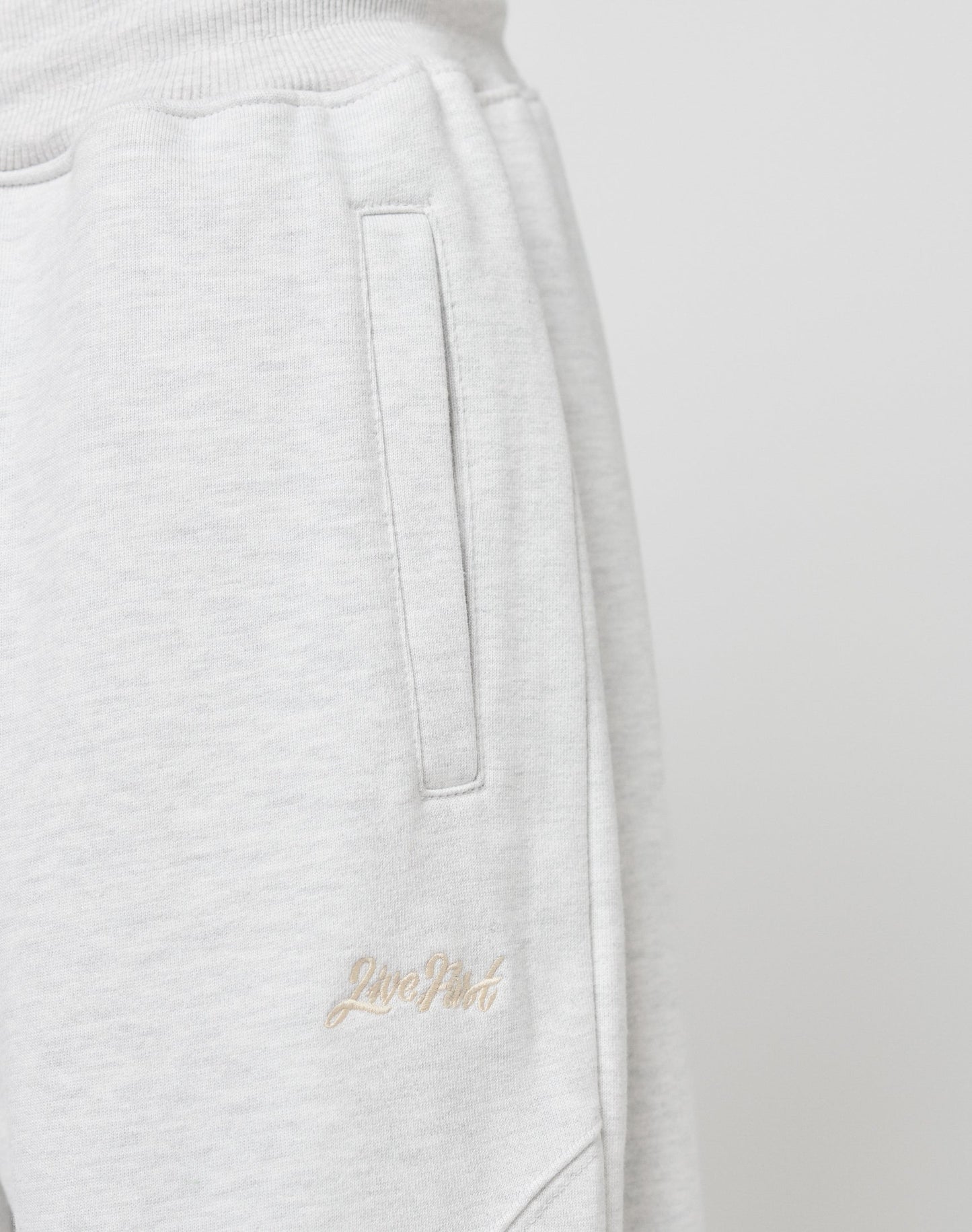 Close-up of the LIVE FAST DIE YOUNG Basic Wide Jogger in light gray, featuring a vertical pocket and beige “Love Poet” embroidery near it, plus a comfortable elastic waistband, shown against a plain white background.