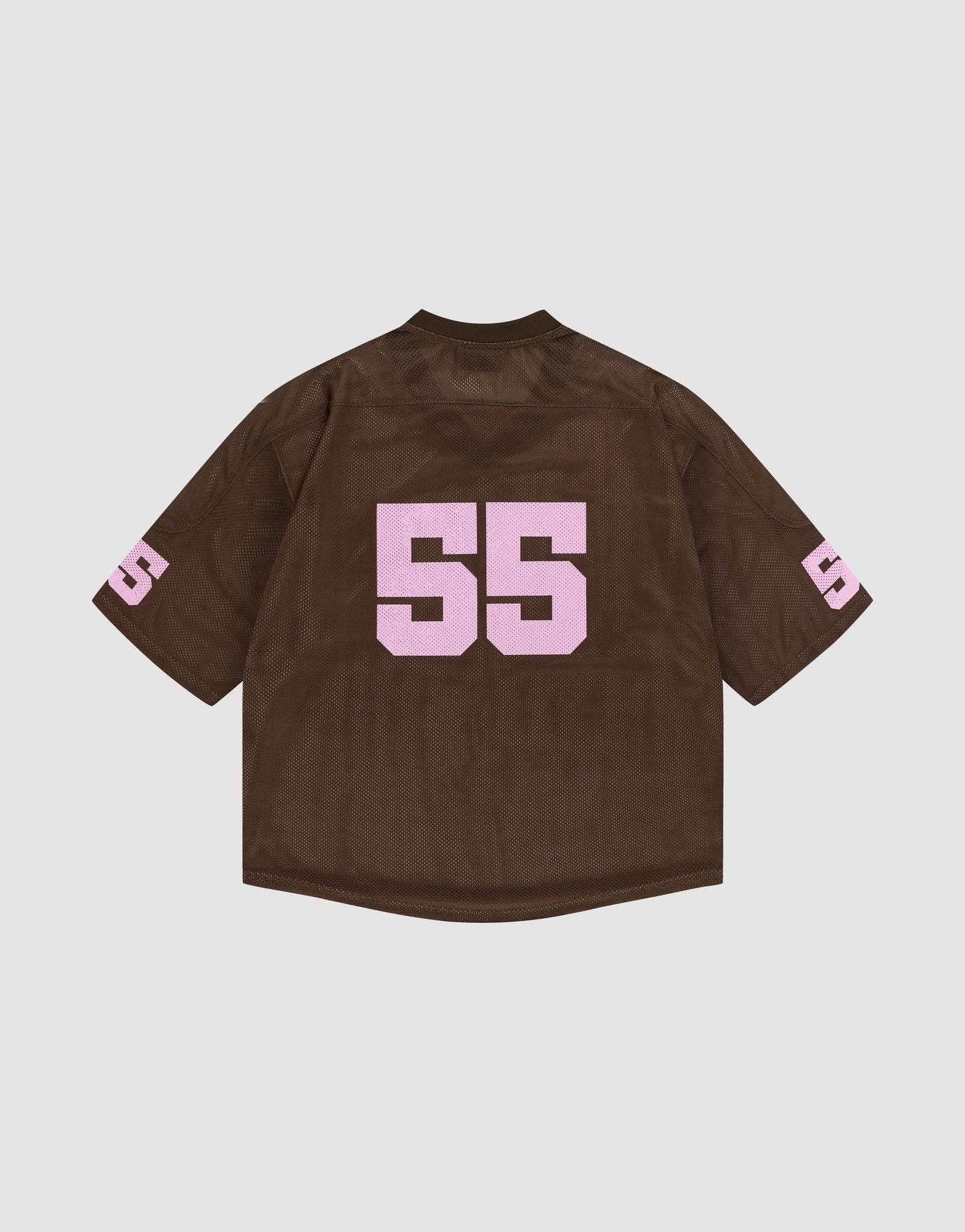 The LFDY Mesh Jersey by LIVE FAST DIE YOUNG is a brown, short sleeve, oversized mesh top with a V-neck and large pink "55" on the back and sleeves, shown flat on a plain white background.