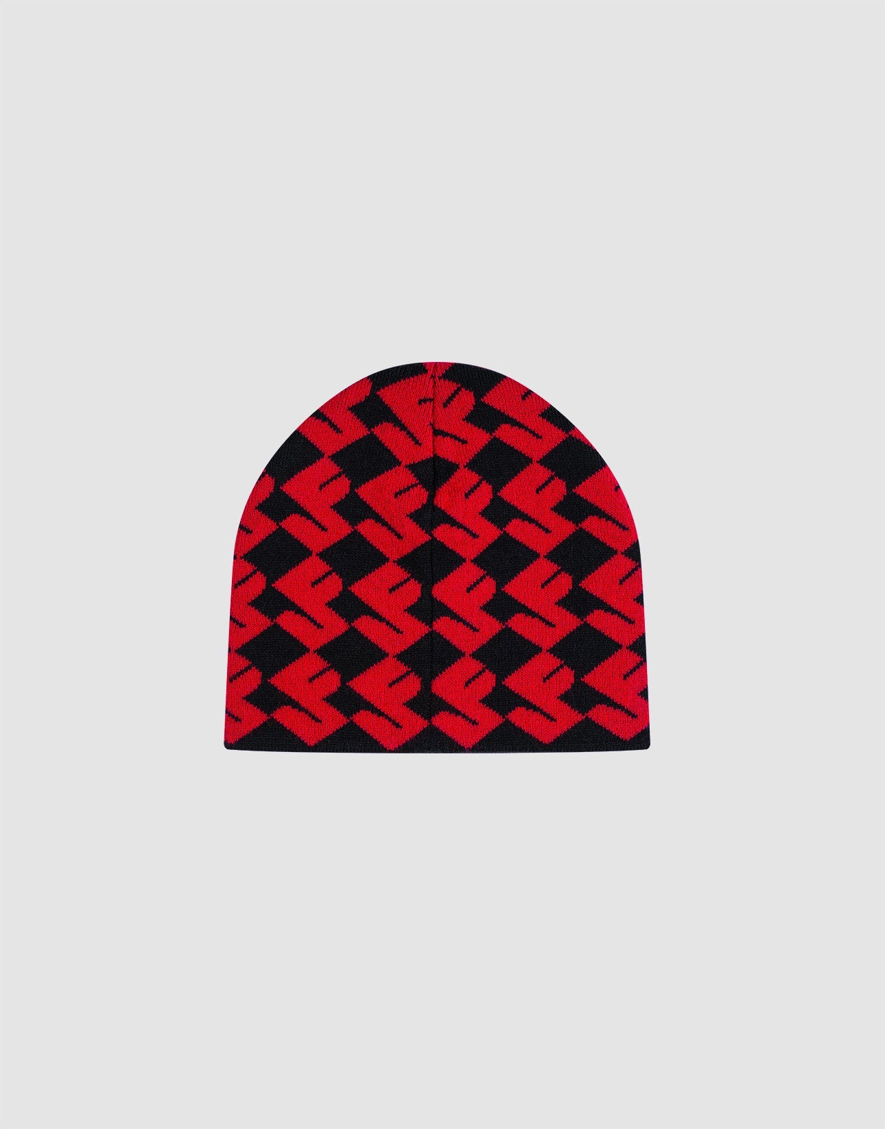The LF Monogram Beanie by LIVE FAST DIE YOUNG is a soft Polyacryl red and black beanie with a bold geometric zigzag design and Jacquard Monogram, shown on a plain light grey background.