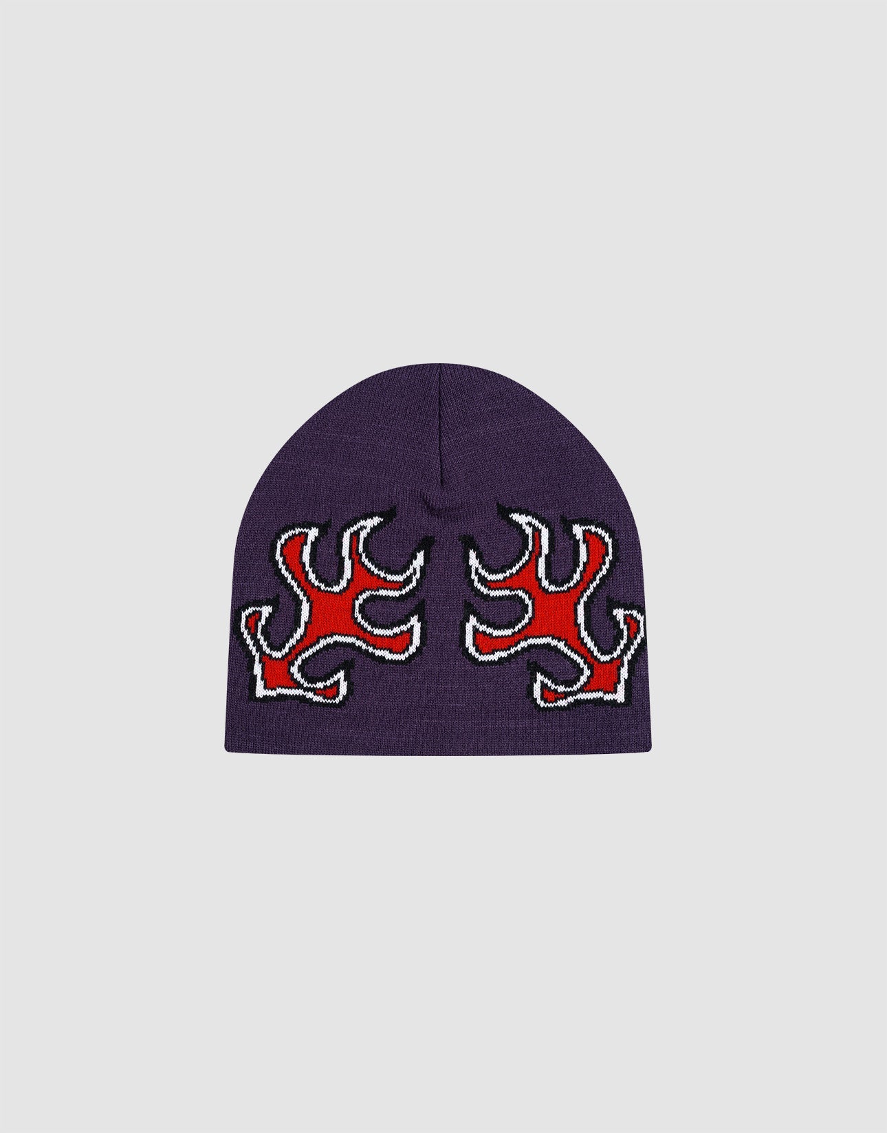 The LFDY Flames Beanie by LIVE FAST DIE YOUNG is a purple polyacryl hat featuring two red Jacquard flame designs outlined in black and white on the front, shown against a plain light gray background.