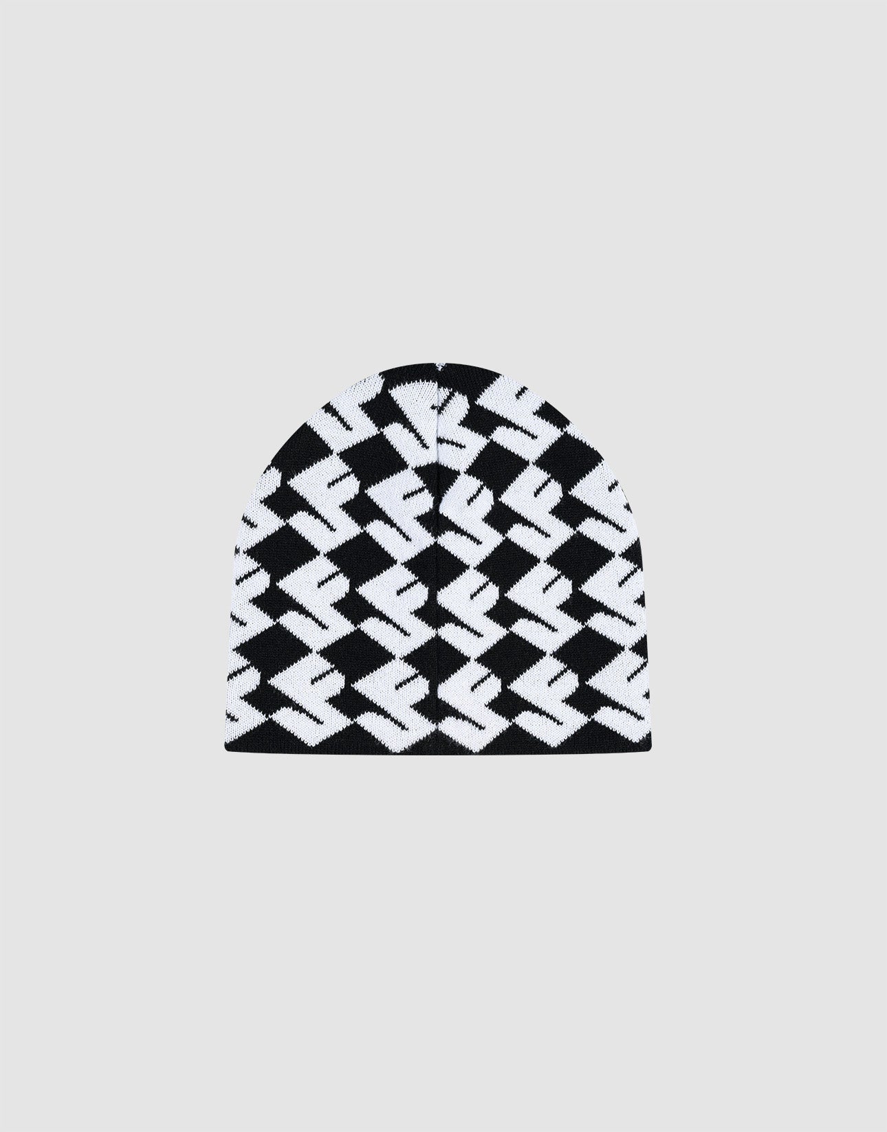 The LF Monogram Beanie by LIVE FAST DIE YOUNG is a black and white Polyacryl knit featuring a bold geometric zigzag Jacquard Monogram Muster pattern and subtle Flaglabel, shown on a plain light gray background.