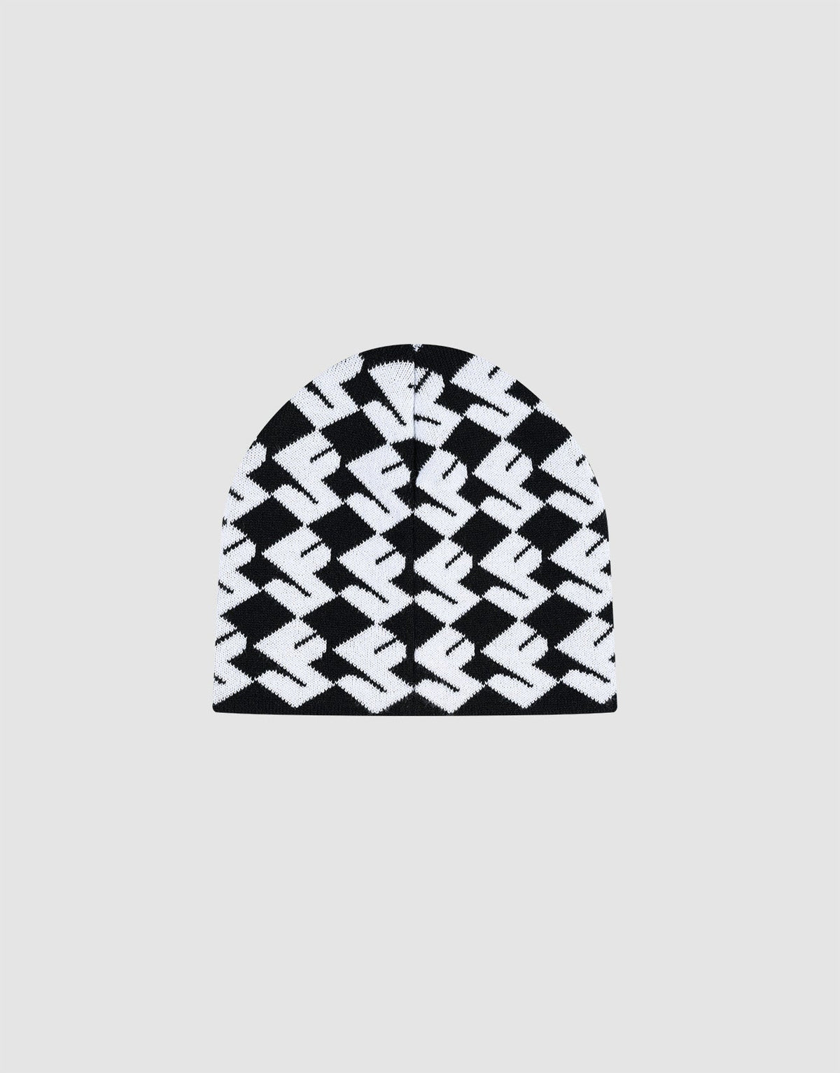 The LF Monogram Beanie by LIVE FAST DIE YOUNG is a black and white Polyacryl knit featuring a bold geometric zigzag Jacquard Monogram Muster pattern and subtle Flaglabel, shown on a plain light gray background.