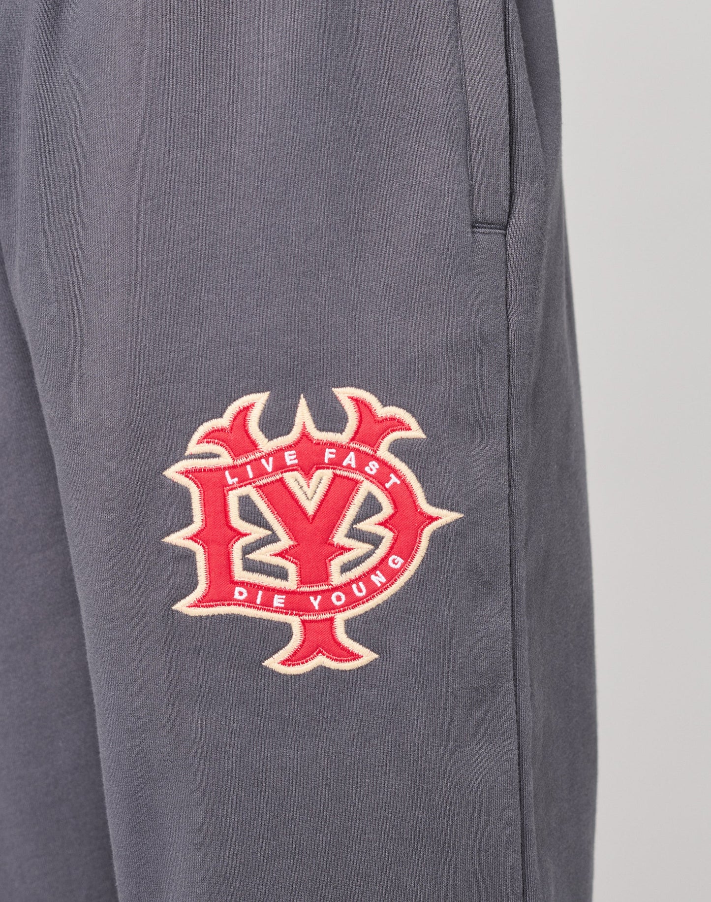 A close-up of gray DY Loose Jogger by LIVE FAST DIE YOUNG, with an elastic waistband and a red and white embroidered LIVE FAST DIE YOUNG patch encircling a stylized design on the upper thigh.