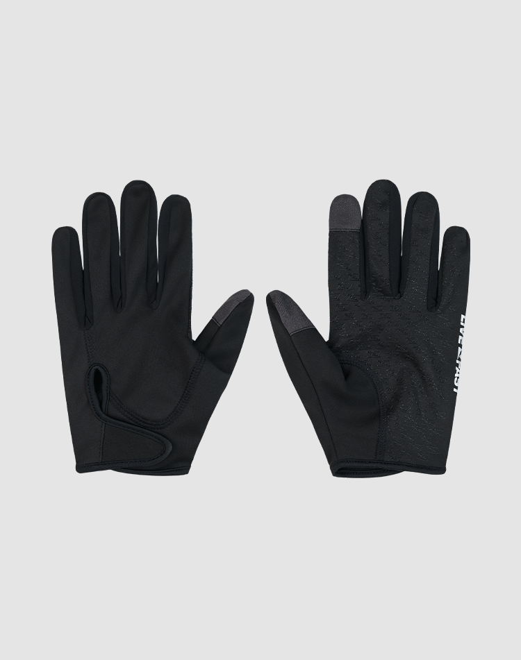 A pair of black Live Fast Gloves by LIVE FAST DIE YOUNG shown palm-up and palm-down on light gray, with textured grip, reflective printing, and a convenient Klettverschluss for a secure fit.| plain