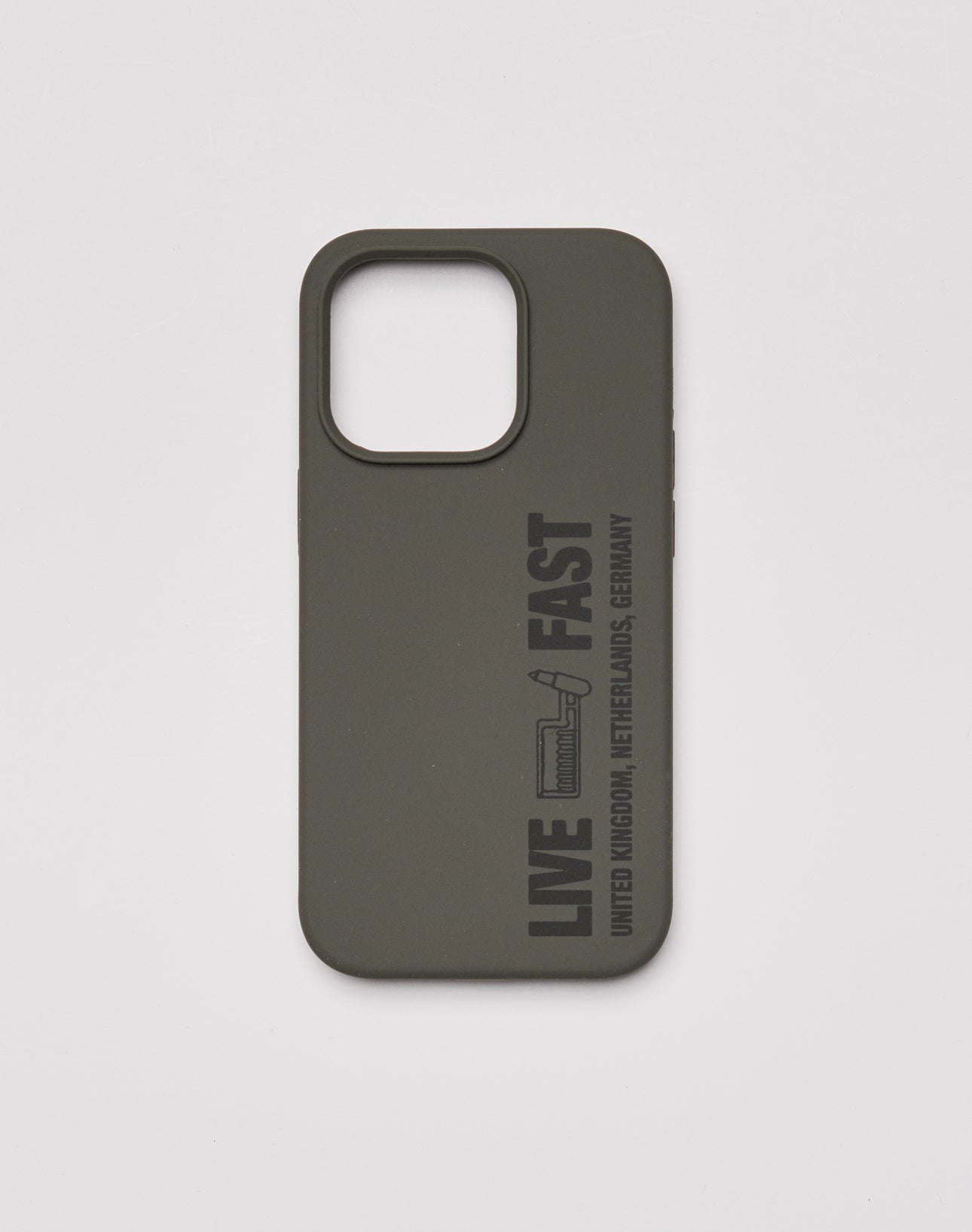 The Hit and Run Phone Case by LIVE FAST DIE YOUNG is a dark green Schützende TPU Hülle for iPhone Modelle, featuring a large camera cutout, LIVE FAST in black, UK · NETHERLANDS · GERMANY text, a stylized graphic, and soft Velour-Innenseite.