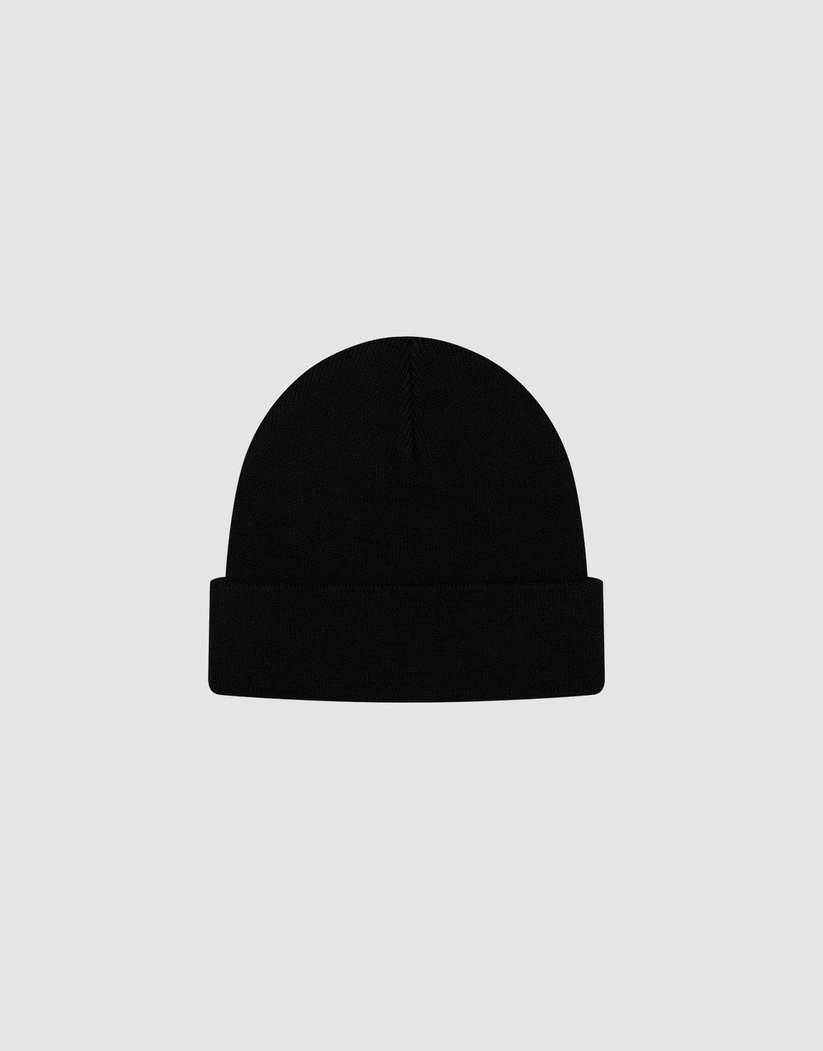 A plain black LIVE FAST DIE YOUNG Basic Beanie in One Size, featuring a folded brim and subtle flag label, is centered on a light gray background.