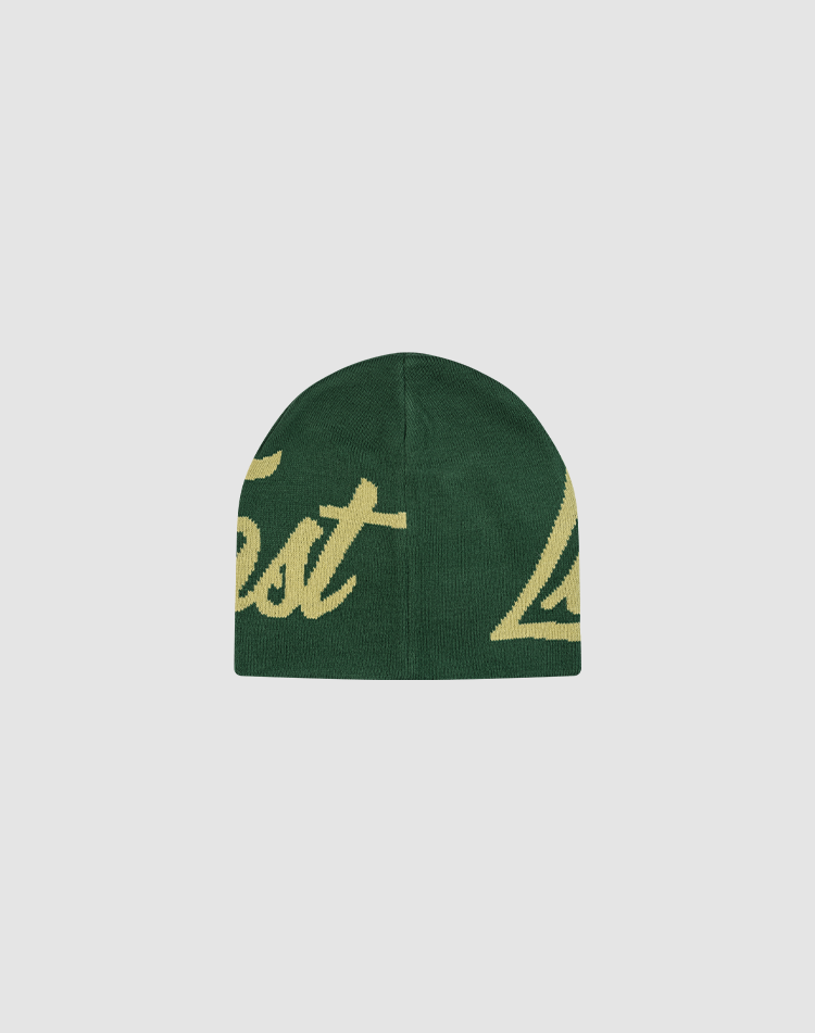 The LFDY Jacquard Beanie by LIVE FAST DIE YOUNG is a green Polyamid knit with large yellow "est" and "Lo" script on the front, style LF2510-18712, shown against a light gray background.