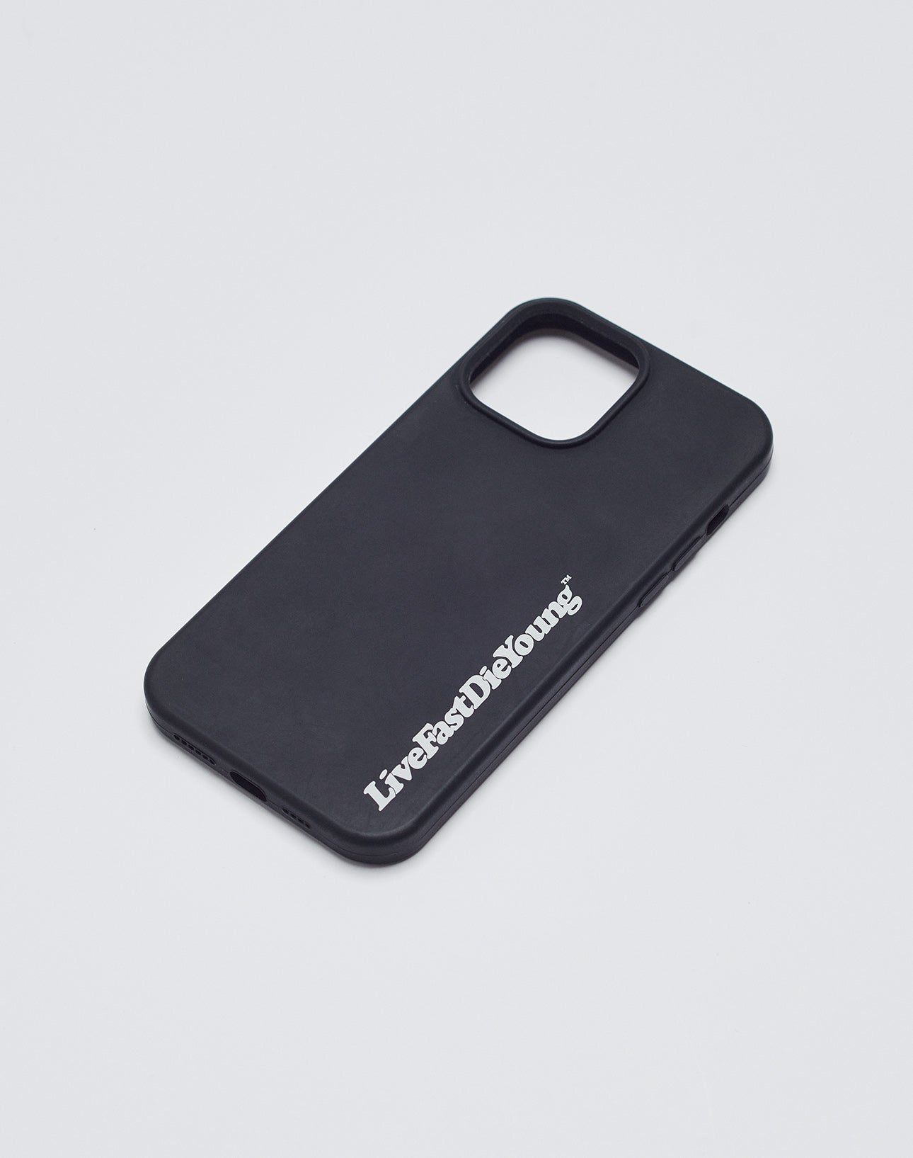 A Basic Phone Case by LIVE FAST DIE YOUNG in black TPU, featuring LiveFastDieYoung in white near the bottom, shown on a plain light gray background.