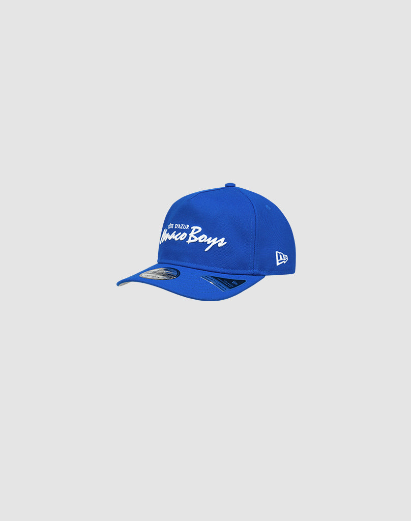 A royal blue LFDY X NEW ERA Monaco Boys 9Fifty A-Frame cap by LIVE FAST DIE YOUNG, with white Los Angeles Lindo Boys embroidery on the front, curved brim, and New Era logo on the side, shown against a light gray background.