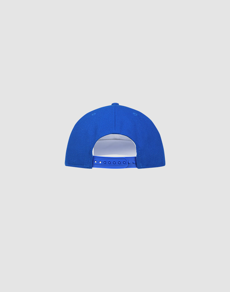 The LFDY X NEW ERA Monaco Boys cap by LIVE FAST DIE YOUNG is shown from the back in royal blue, featuring an adjustable snapback closure.