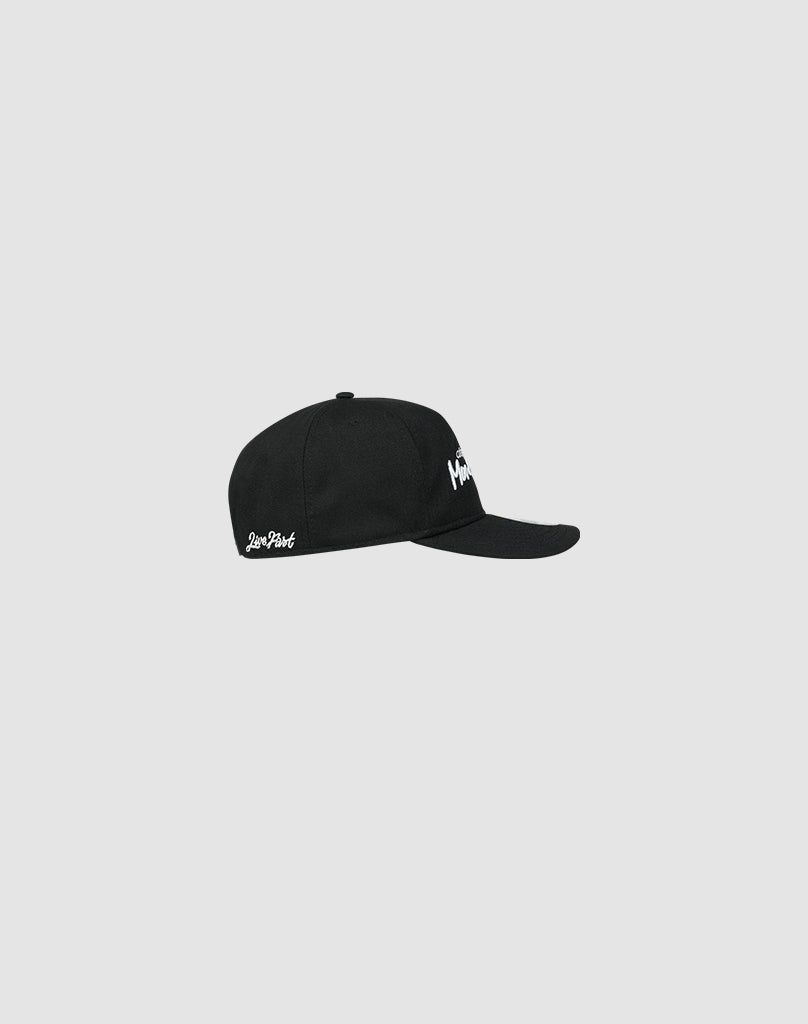 The LFDY X NEW ERA Monaco Boys cap by LIVE FAST DIE YOUNG is a black 9Fifty A-Frame with a low profile and white embroidered text on the front and side, shown on a plain light gray background.