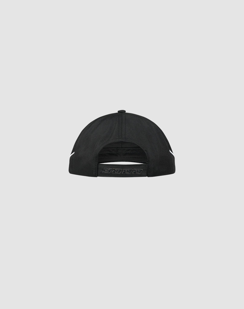 Back view of the black polyester Live Fast 3000 Cap by LIVE FAST DIE YOUNG, featuring an adjustable strap and buckle; this side is plain with no visible logo. Light gray background.