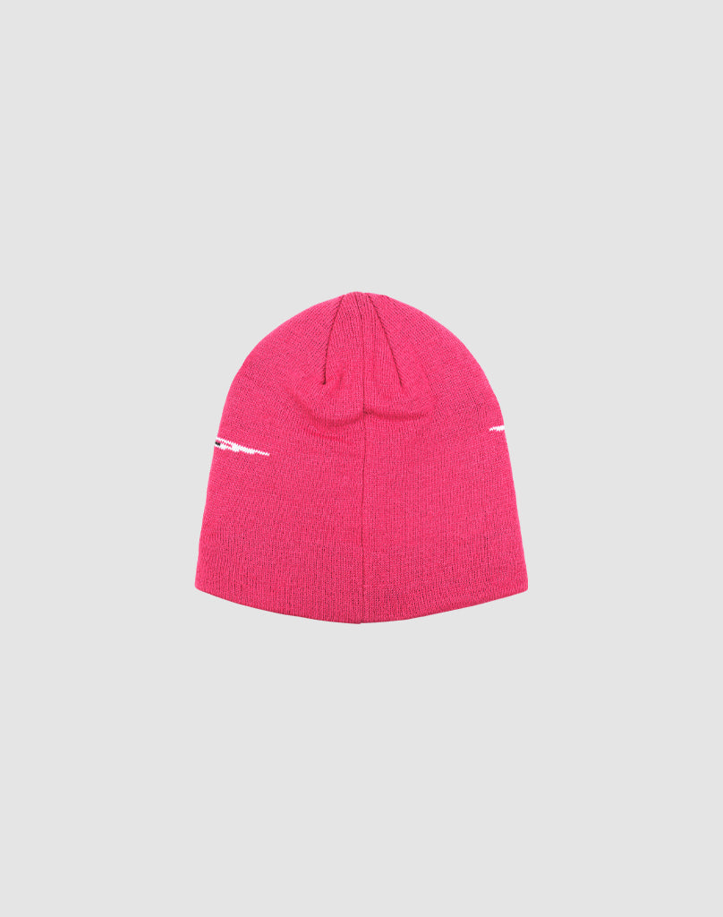 The Live Fast 3000 Beanie by LIVE FAST DIE YOUNG is a bright pink polyacryl knit hat with a simple Logo-Strick design and small white stitched details on each side, shown against a plain light gray background.