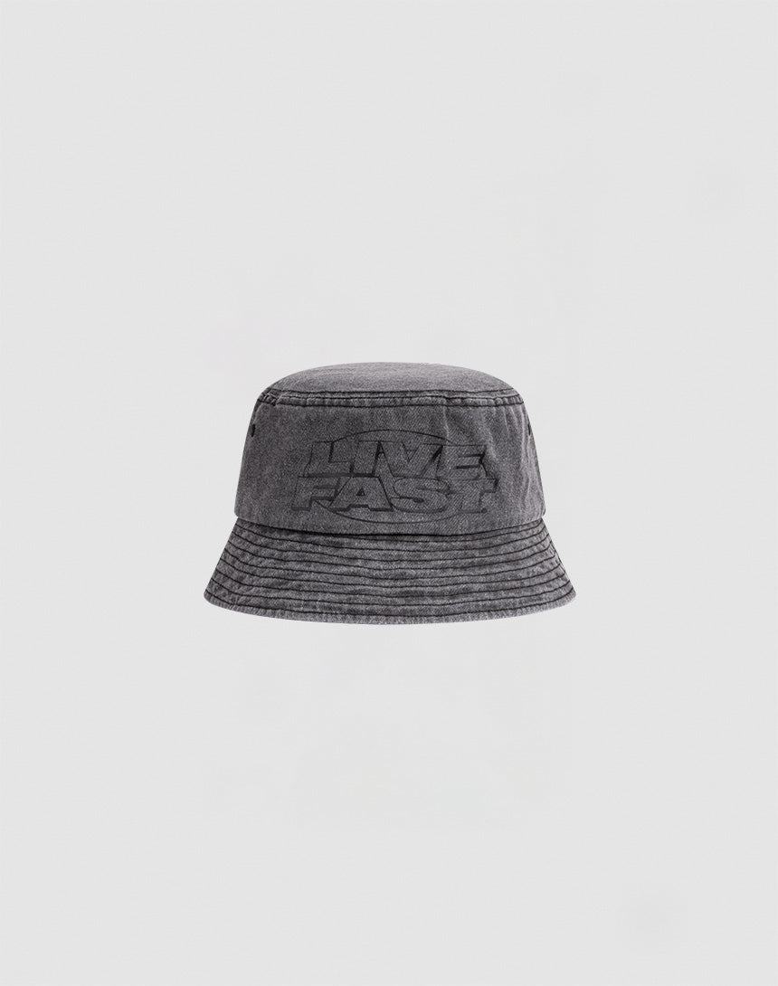 The LFDY Oval Bucket Hat by LIVE FAST DIE YOUNG features black denim with a vintage wash, an embroidered LIVE FAST logo on the front, and is made from 100% cotton. Shown against a plain, light gray background.