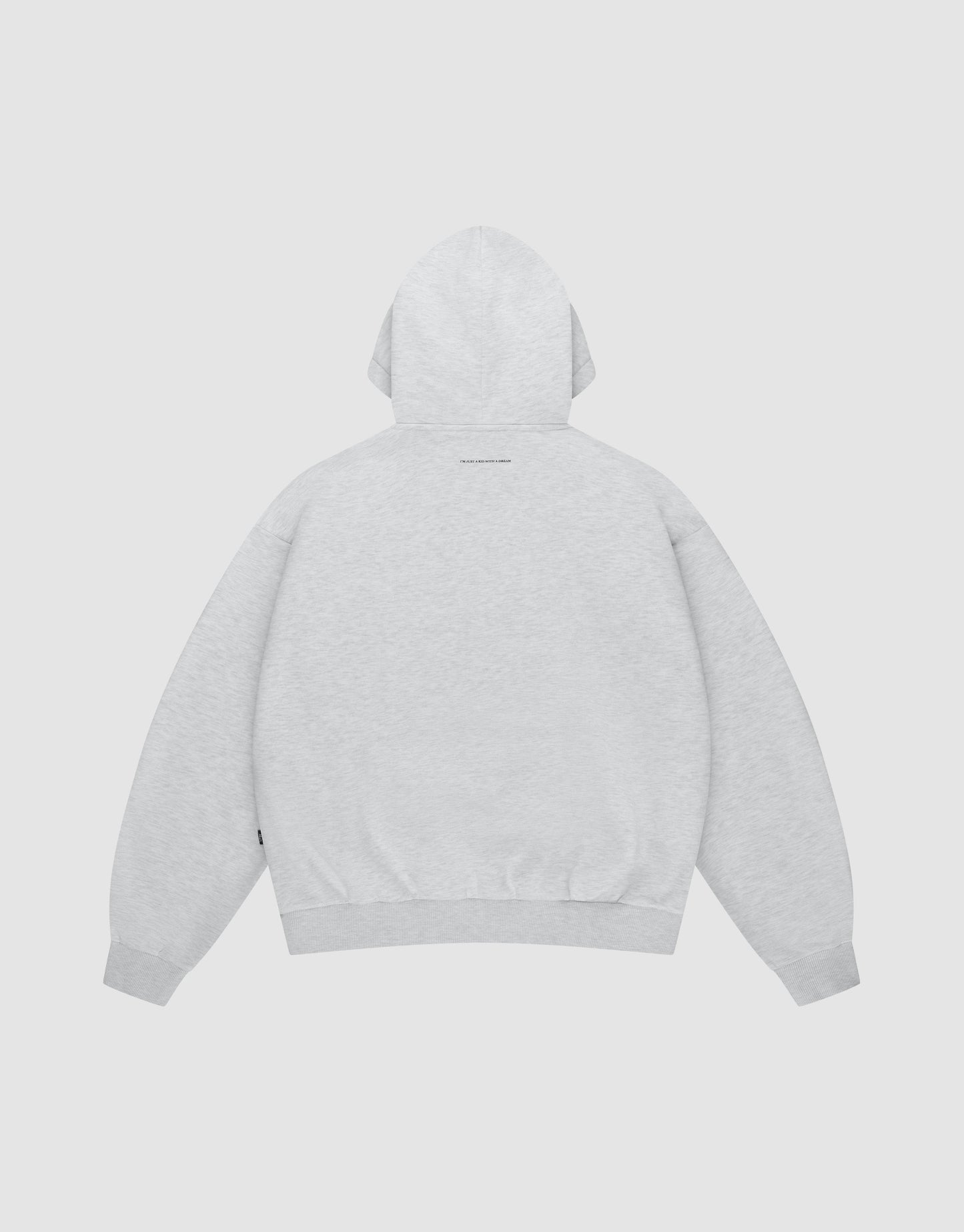 The LIVE FAST DIE YOUNG Live Fast College Hooded sweatshirt in light gray is shown flat from the back. It features an oversized fit, long sleeves, ribbed cuffs and hem, and subtle upper-back text.
