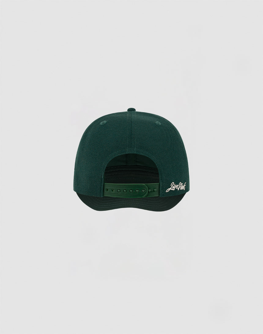 A dark green LIVE FAST DIE YOUNG LF Snapback, shown from the back with an adjustable snapback strap and white script text on the lower right. The Multi-Logo Stick LF2308-14417 adds distinction. Set against a plain light gray background.