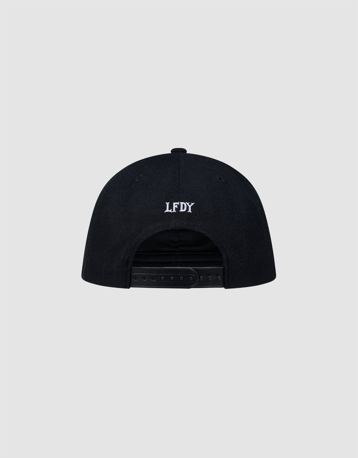 The LFDY Snapback by LIVE FAST DIE YOUNG is shown from the back, with white "LFDY" embroidery above an adjustable snap closure and a one size fit, set against a plain gray background.