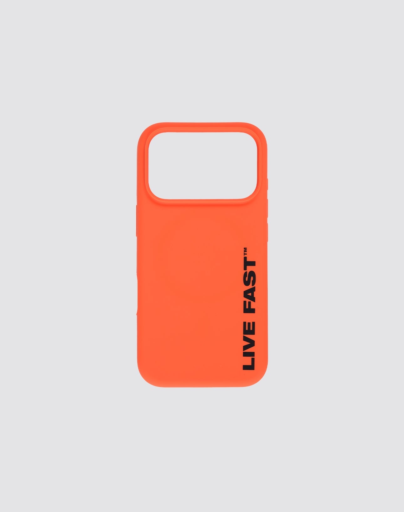 The LFDY Phone Case by LIVE FAST DIE YOUNG features bright orange TPU, a large camera cutout, and bold black "LIVE FAST" text printed vertically along the right side. The background is plain light gray.