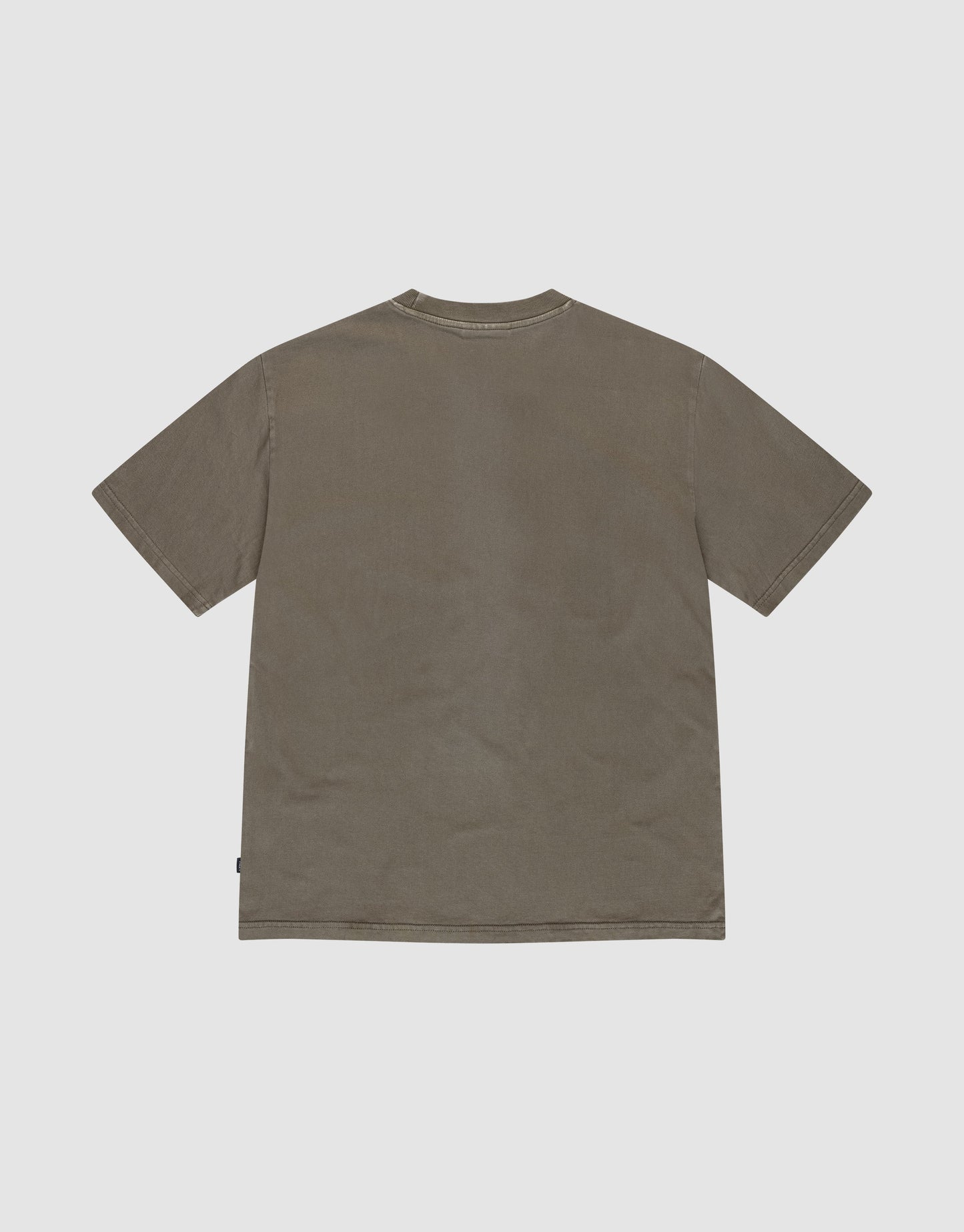 The Live Fast Rhinestone Tee by LIVE FAST DIE YOUNG is displayed laid flat, back side up, showing its faded olive green color and vintage wash on a light gray background.