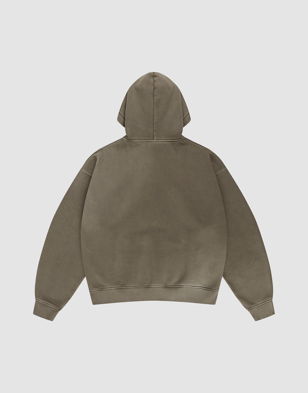 The Live Fast Rhinestone Hooded by LIVE FAST DIE YOUNG, an oversized olive green hoodie with a vintage wash, is shown from the back on a light gray background with the hood up and sleeves spread out.