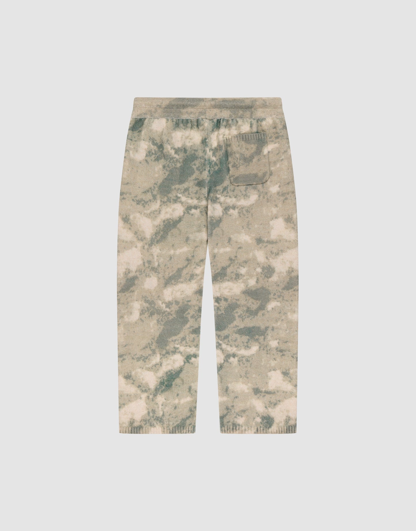 The Live Fast Boucle Pants by LIVE FAST DIE YOUNG feature a beige and green camouflage pattern, elastic waistband, straight leg, and a single back pocket, shown against a plain light background.
