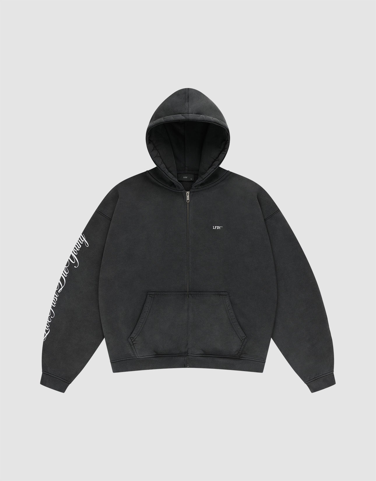 The LFDY Run Club Hooded Zip by LIVE FAST DIE YOUNG is a black oversize-fit hoodie with a front pocket, hood, small white LFTS chest text, and white cursive writing on the right sleeve, made from soft Baumwolle Polyester. Displayed on light gray.
