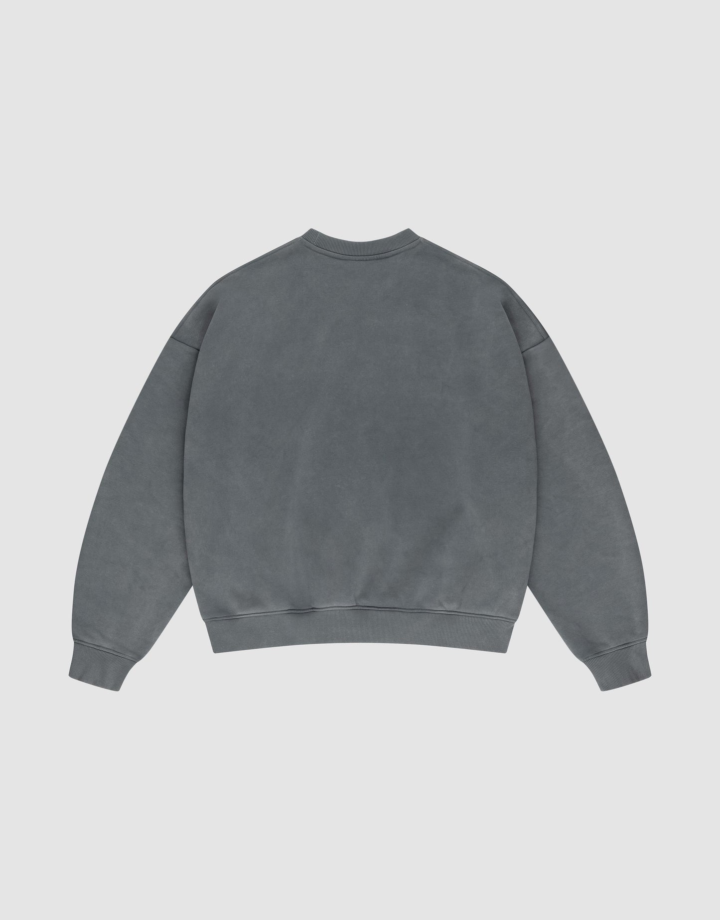 The Basic Chest Sweater by LIVE FAST DIE YOUNG is a plain, oversized gray sweatshirt made from soft Baumwolle, shown from the back on a flat surface. It features long sleeves, ribbed cuffs and waistband, and has no visible designs or logos.