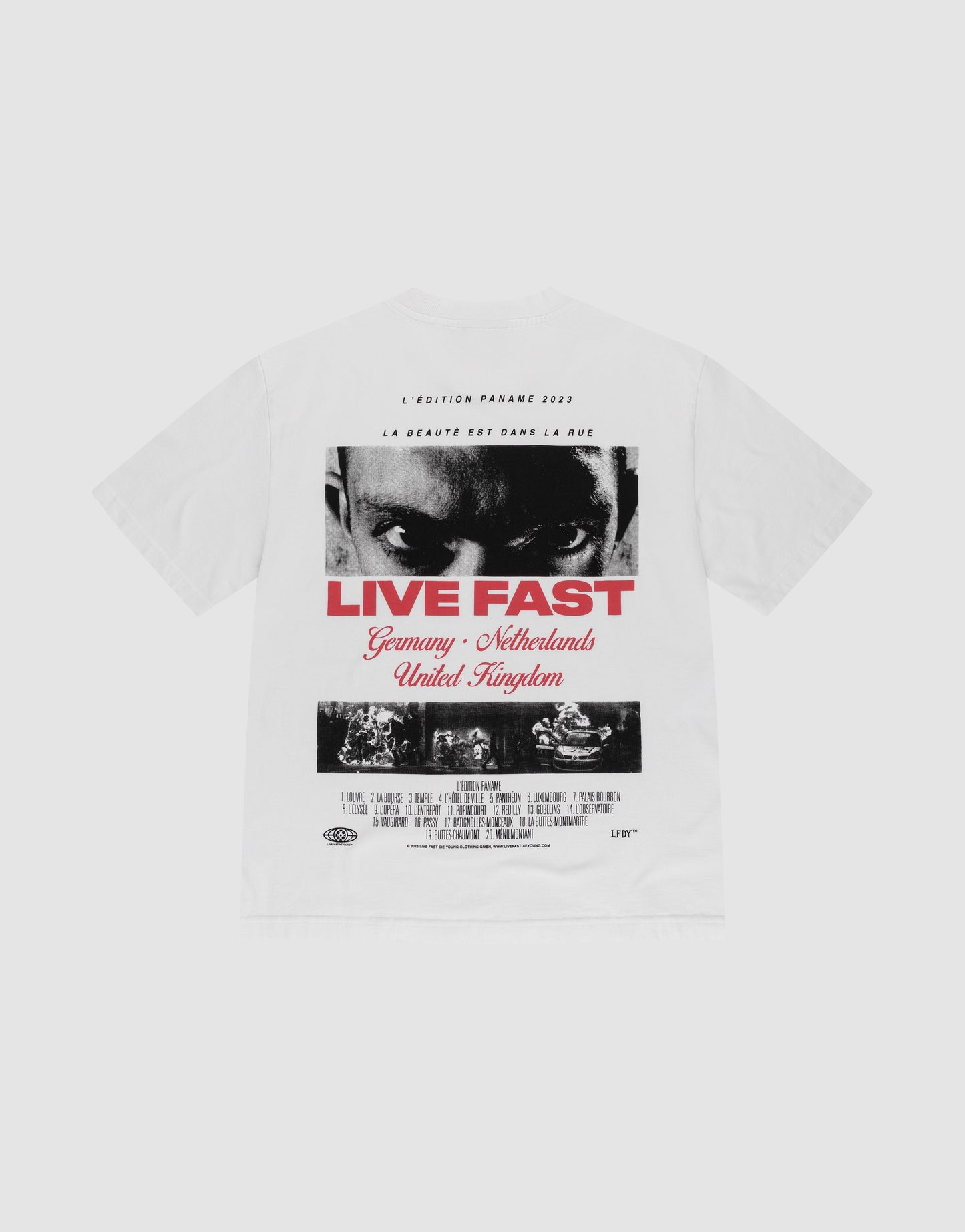 The LFDY Cinema Tee by LIVE FAST DIE YOUNG is an oversized white T-shirt made from 100% cotton, featuring intense eyes and red LIVE FAST text with detailed locations—Germany, Netherlands, United Kingdom—and bold front and back prints.