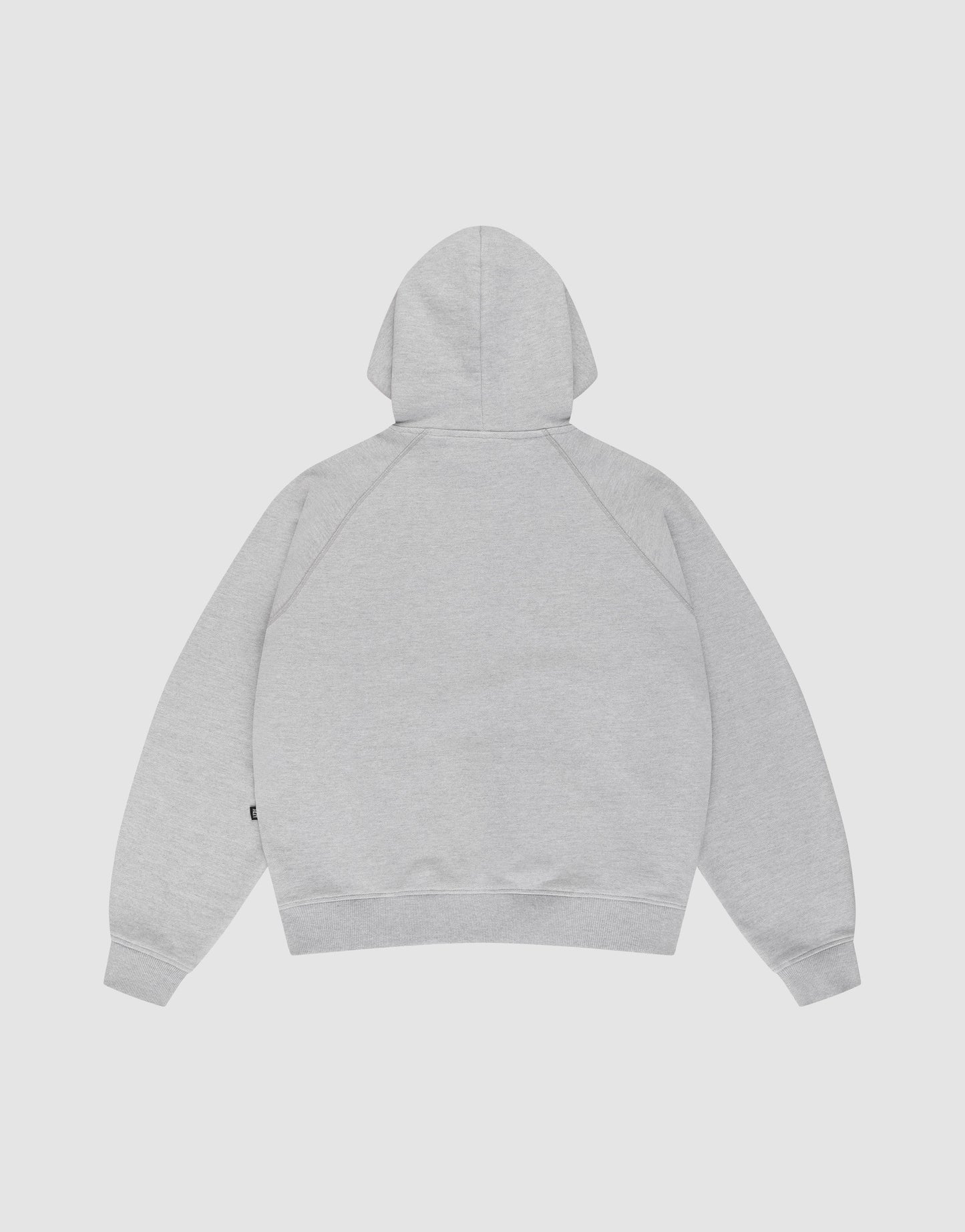 The LFDY Embroidery Hooded by LIVE FAST DIE YOUNG, in plain light gray and Regular Fit with raglan sleeves, is shown laid flat with the back facing up against a white background.