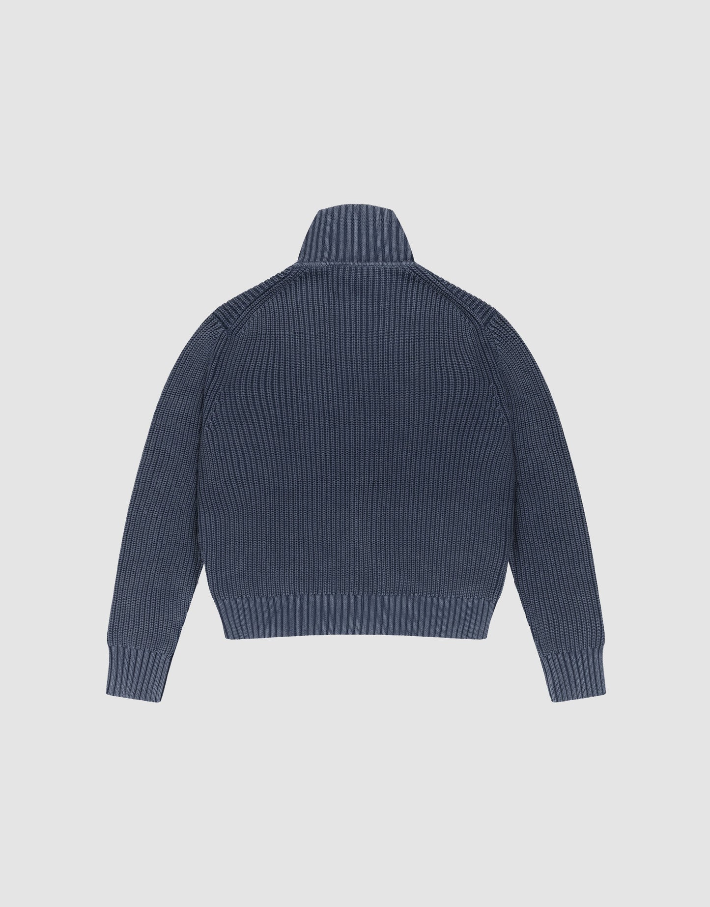 The LFDY Knit Jacket by LIVE FAST DIE YOUNG is a blue ribbed knit sweater made from soft Baumwolle, with a Stehkragen, long sleeves, and a slightly cropped hem, shown flat with the back facing up on a light background.
