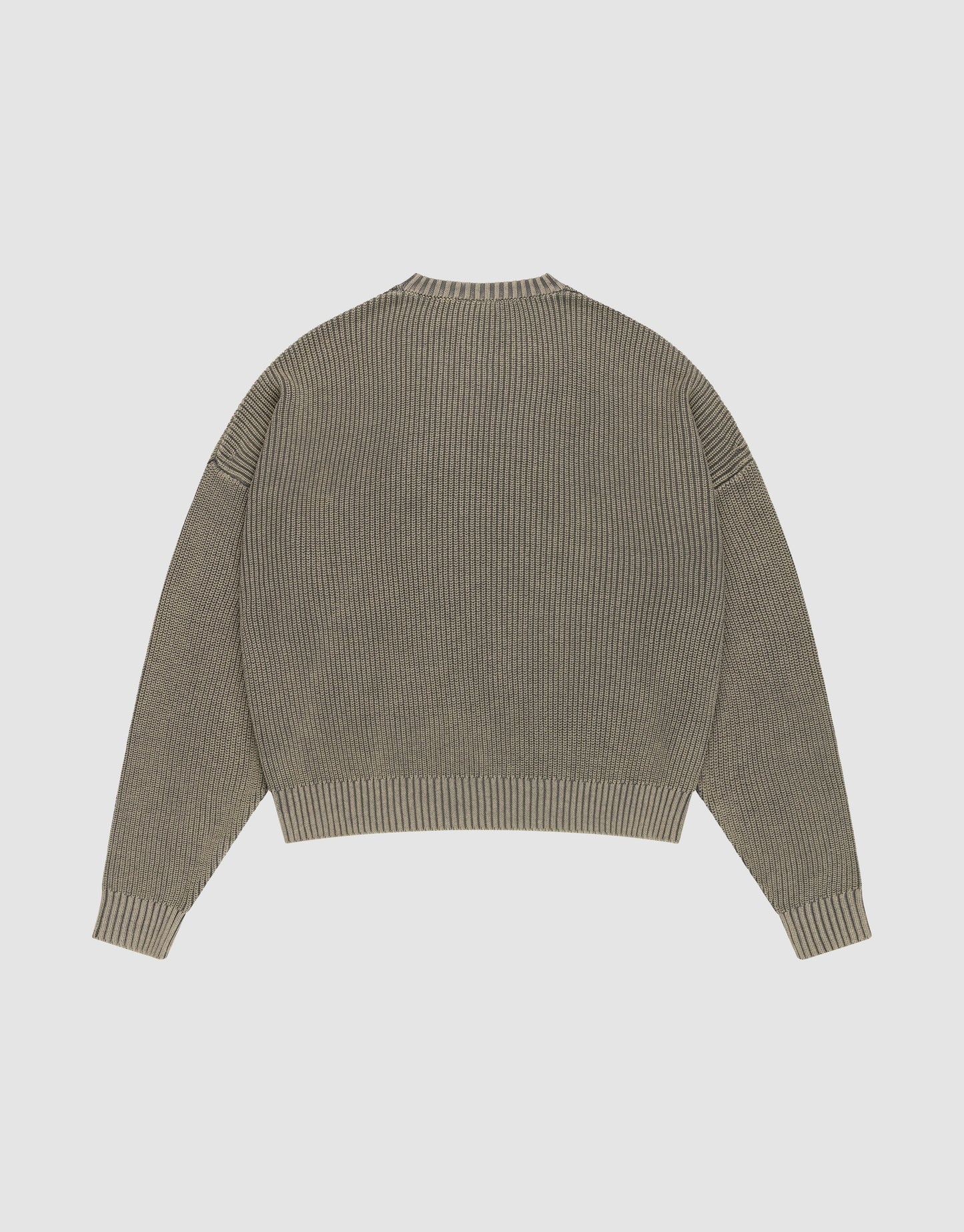 The LFDY Knit Sweater by LIVE FAST DIE YOUNG features a ribbed, taupe knit with long sleeves, dropped shoulders, and an oversized fit, shown from the back laid flat on a white background.