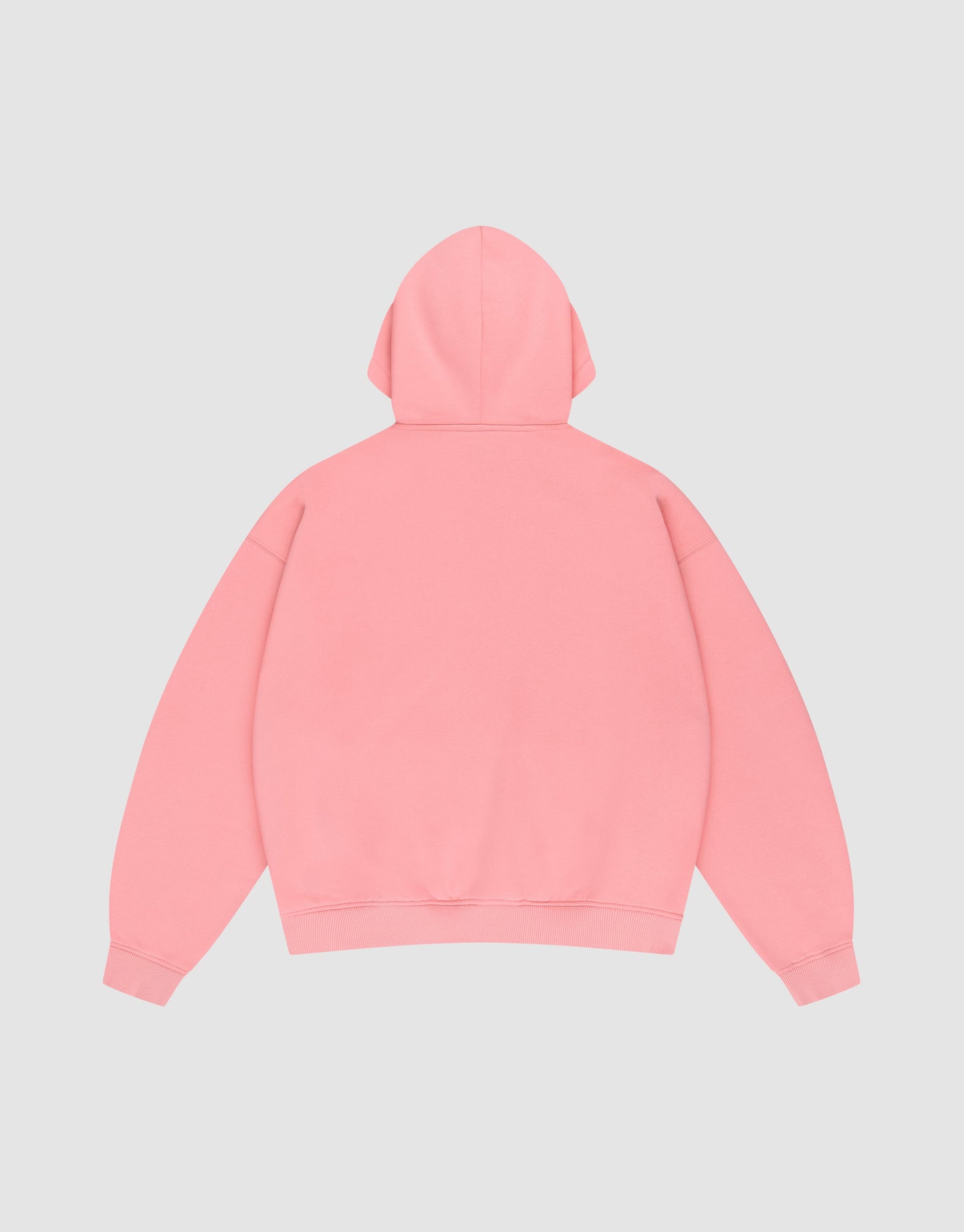 A plain pink LIVE FAST DIE YOUNG Basic Hooded Zip with an oversize fit is laid flat on a light gray background, shown from the back with the hood up and sleeves spread.