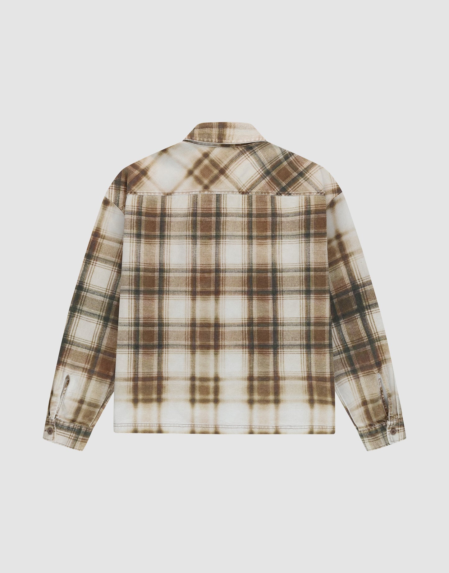 Back view of the LIVE FAST DIE YOUNG Faded Flannel, an oversize fit shirt made from cotton with a brown, beige, and white plaid pattern, shown against a plain white background.