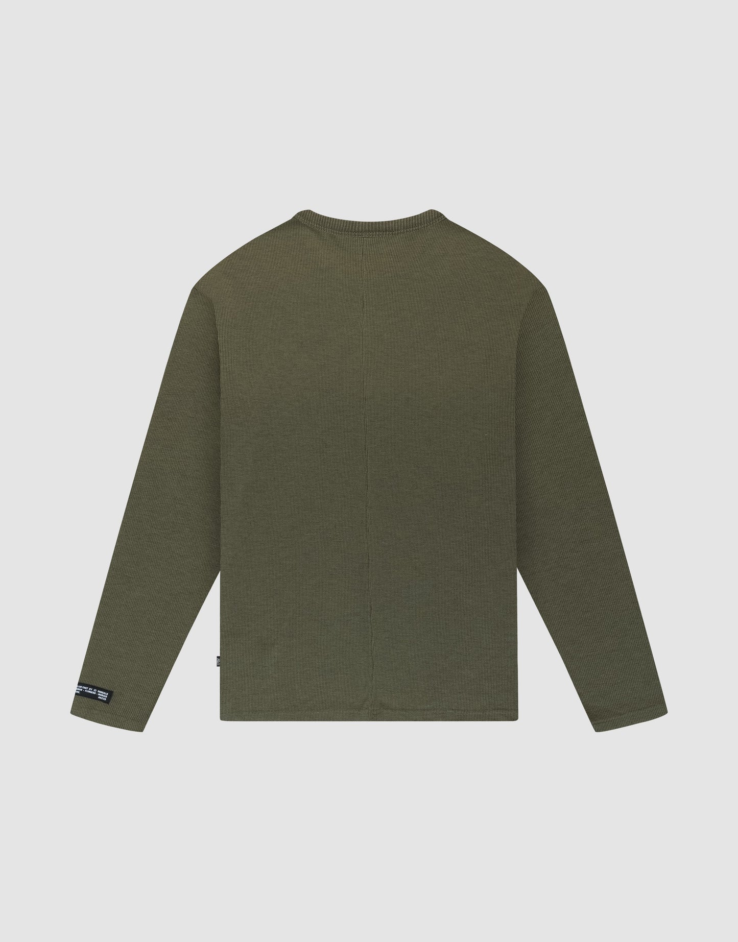 The LFDY Rib Longsleeve by LIVE FAST DIE YOUNG is shown flat, back up, on a light gray background. This olive green oversize shirt has long sleeves and a small black web-label tag on the left cuff.