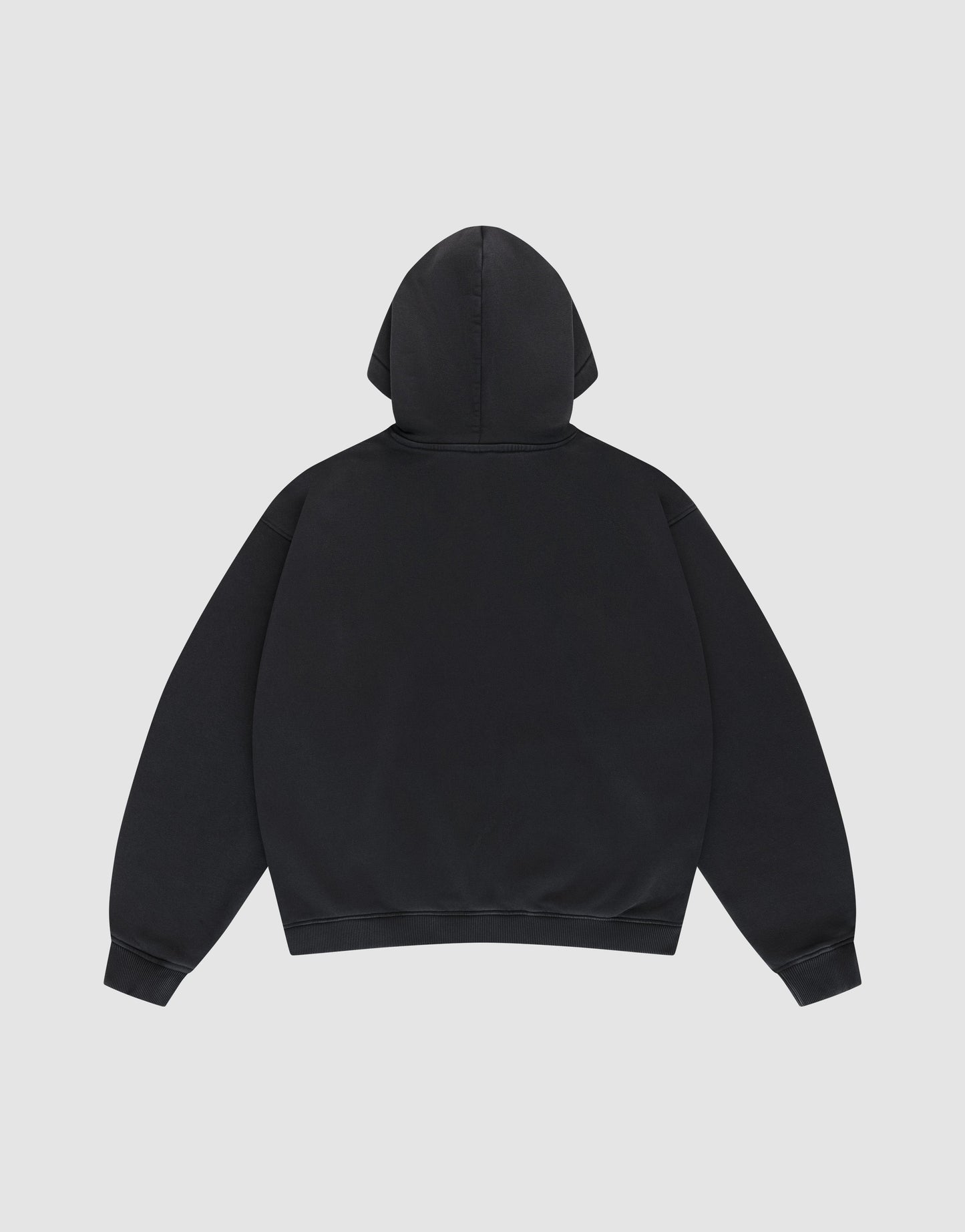 The LFDY Gambling Hooded by LIVE FAST DIE YOUNG is a plain black oversized hoodie with a hood and long sleeves, crafted from 360 GSM fabric and shown from the back on a light gray background.