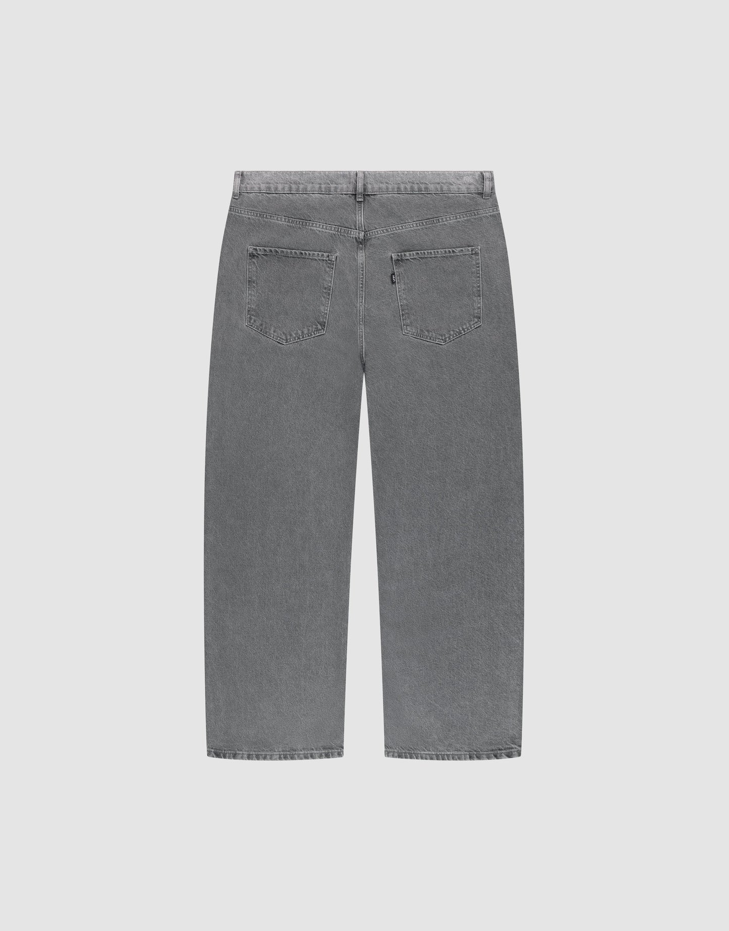 Back view of LIVE FAST DIE YOUNG LFDY Baggy Denim in gray, featuring gerades Bein, two rear pockets, and made from 100% Baumwolle, displayed against a plain white background.