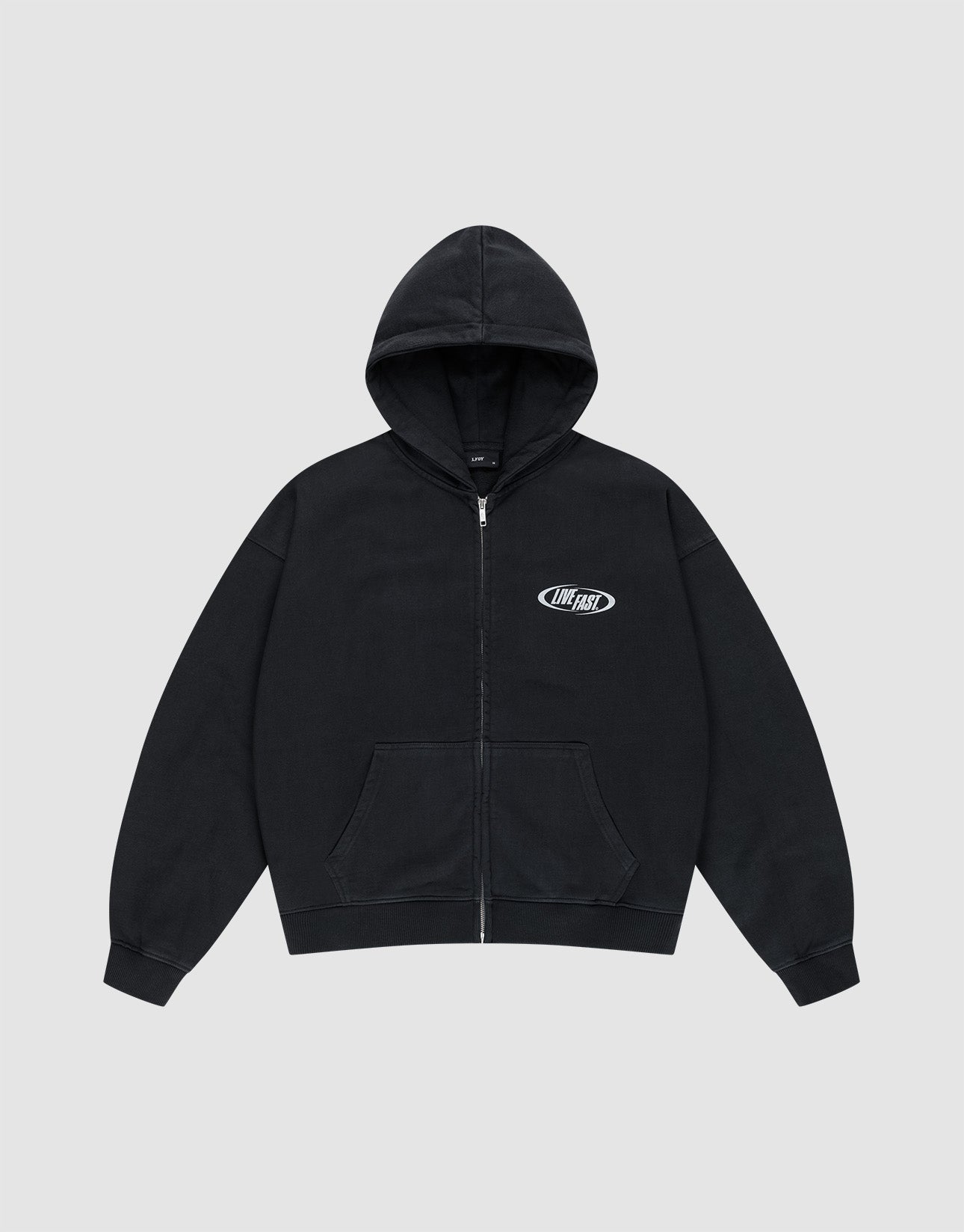 The LIVE FAST DIE YOUNG LFDY Canine Hooded Zip is a black oversized zip-up hoodie with a front pocket, small white OhFast logo on the left chest, and silver print, shown on a light gray background.