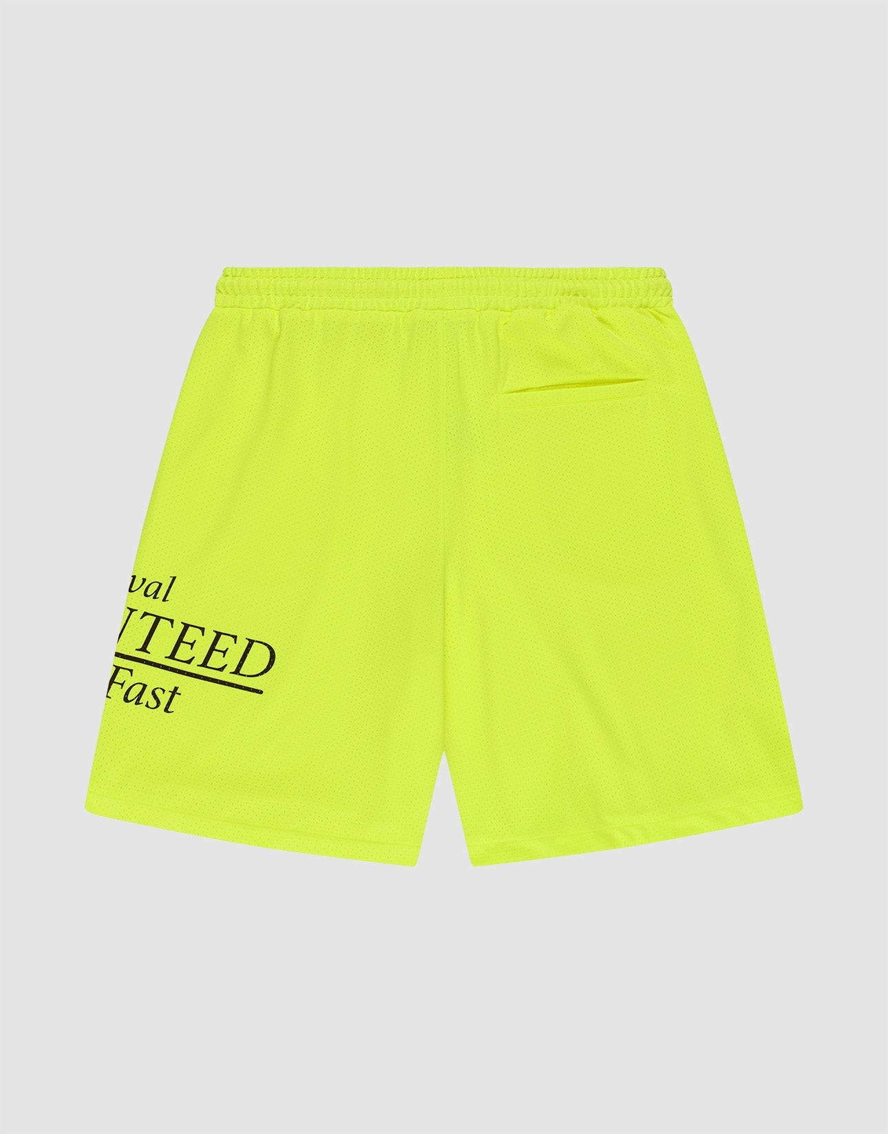 The LFDY Guaranteed Mesh Shorts by LIVE FAST DIE YOUNG feature a bright yellow wide fit, elastic waistband, small back pocket, and partial “val YTEED Fast” text on the left leg. Made from lightweight polyester for sporty comfort.
