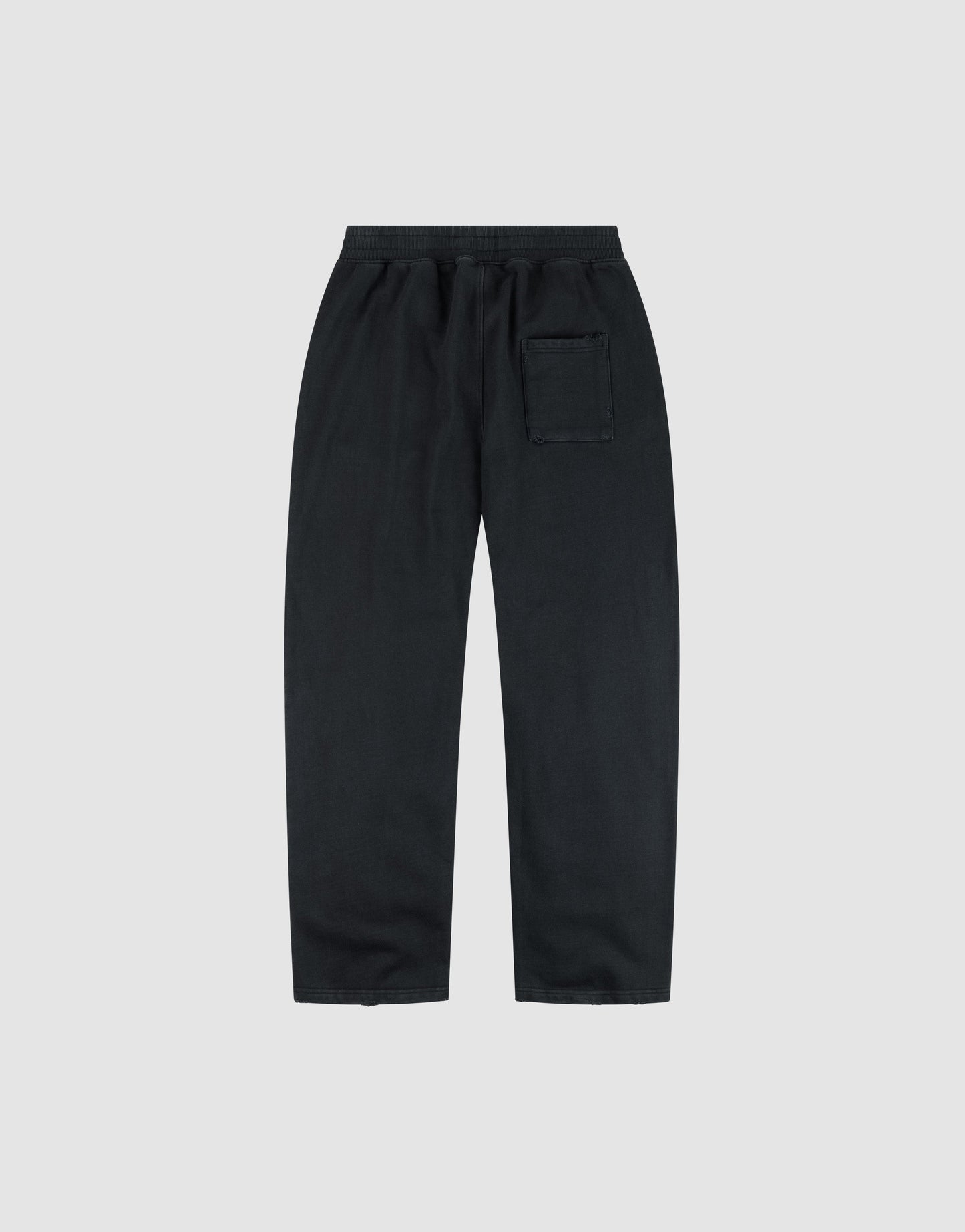 The LFDY Praying Jogger by LIVE FAST DIE YOUNG is shown laid flat on a light gray background, featuring a wide fit, elastic waistband, right-side back pocket, and a subtle Reißverschluss Puller detail for style.