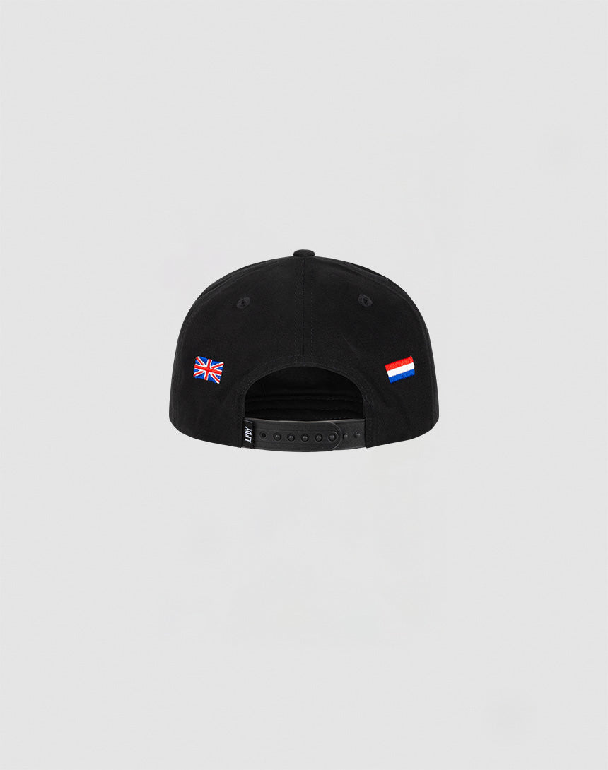The Live Fast Corporation Cap by LIVE FAST DIE YOUNG is a black, unstructured 5-panel 100% cotton cap featuring UK and Russian flags above the adjustable strap—a sleek multi-logo design viewed from the back.