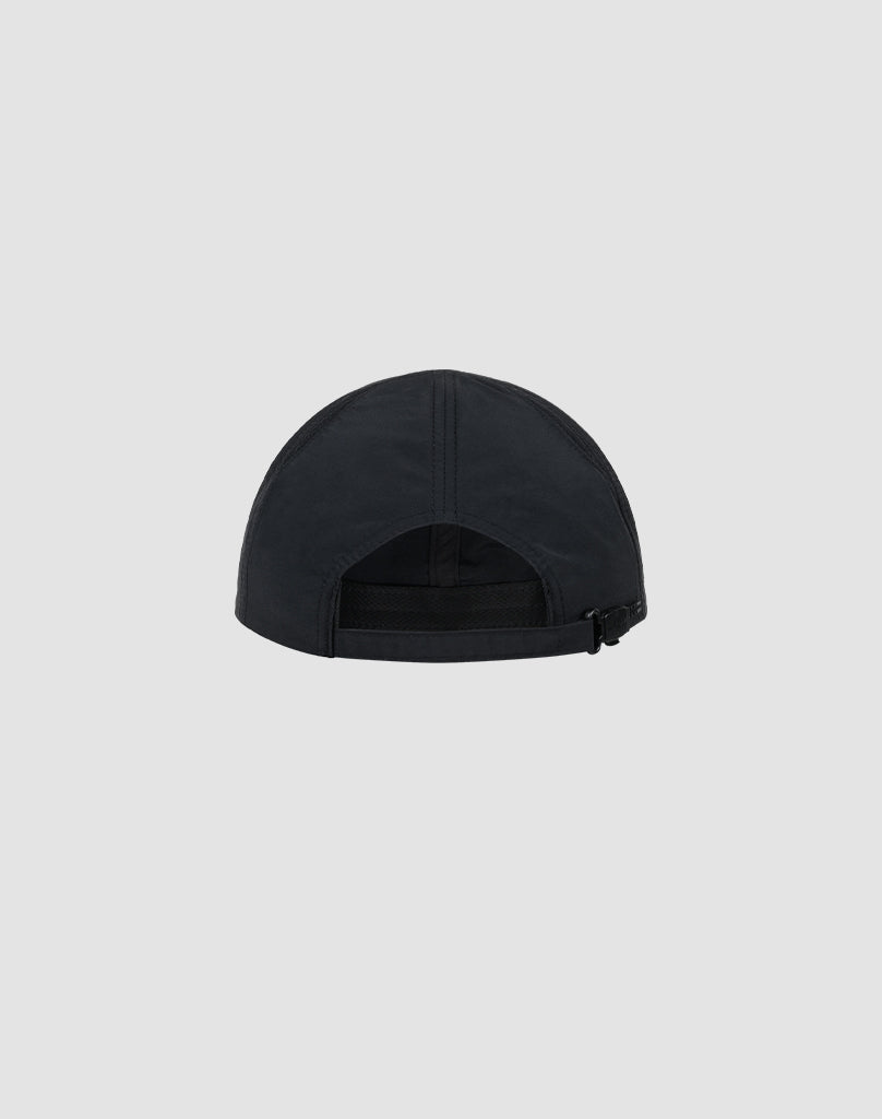 The Live Fast Performance Cap by LIVE FAST DIE YOUNG is a black nylon baseball cap with reflective print details, a curved brim, central seam, and adjustable buckle strap. Shown from the back on a solid light gray background.
