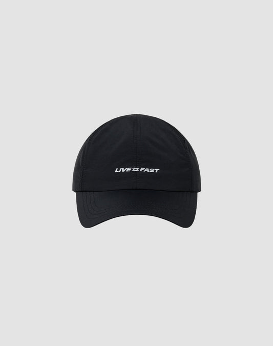The Live Fast Performance Cap by LIVE FAST DIE YOUNG is a black, größenverstellbar nylon cap with “LIVE 2 FAST” embroidered in white, featuring reflective print and shown on a plain light gray background.| plain 