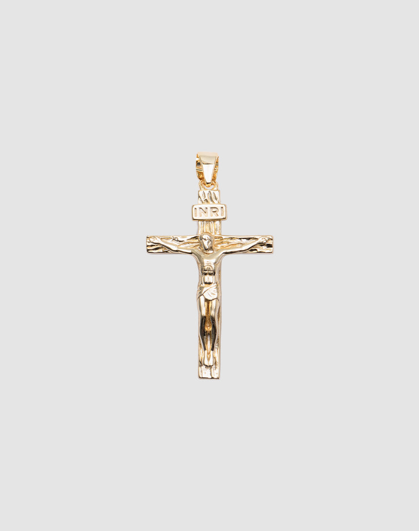 LIVE FAST DIE YOUNG Cross Pendant featuring Jesus on the cross with INRI above, crafted from 925 gold-plated sterling silver, displayed against a plain light gray background.| plain