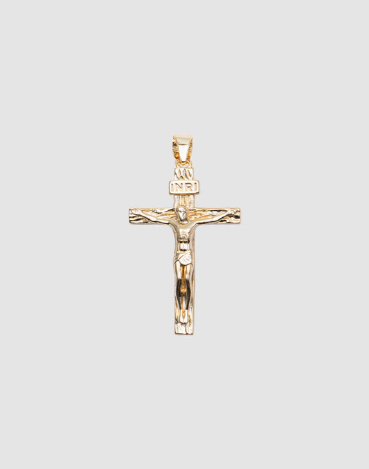 LIVE FAST DIE YOUNG Cross Pendant featuring Jesus on the cross with INRI above, crafted from 925 gold-plated sterling silver, displayed against a plain light gray background.