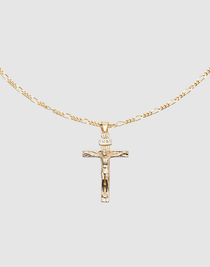 The LIVE FAST DIE YOUNG Cross Pendant is a gold chain necklace with a crucifix, crafted from 925 gold-plated sterling silver, shown on a plain light gray background.
