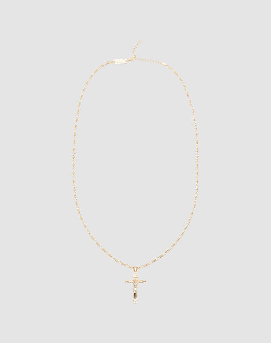 The LIVE FAST DIE YOUNG Cross Pendant is a gold necklace with a fine chain and detailed crucifix, crafted in 925 vergoldet, shown on a plain light gray background.